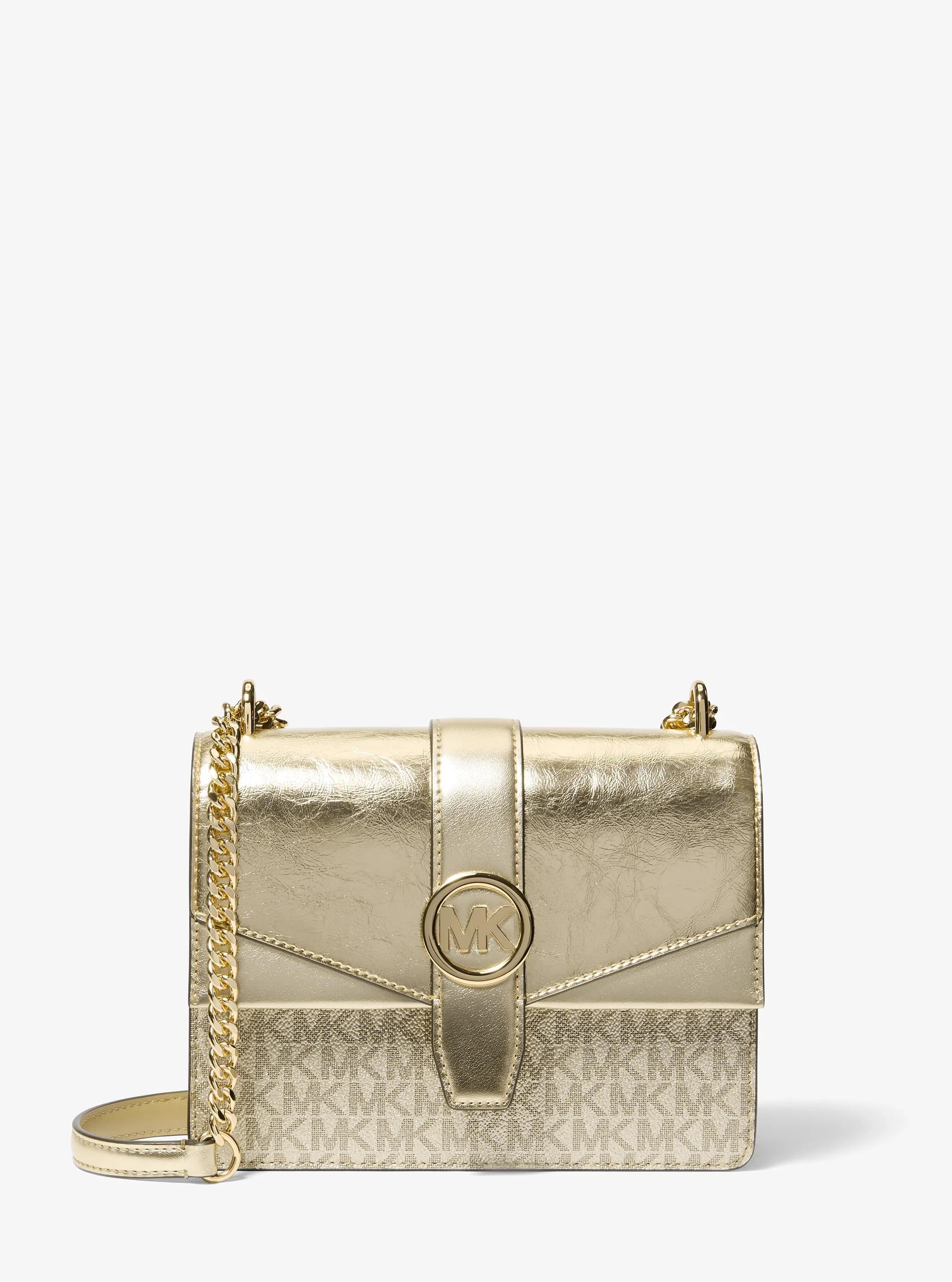 Umh&auml;ngetasche Greenwich Small in Metallic-Krakelee-Optik und mit Signature-Logomuster in BLASSGOLDTON | Michael Kors