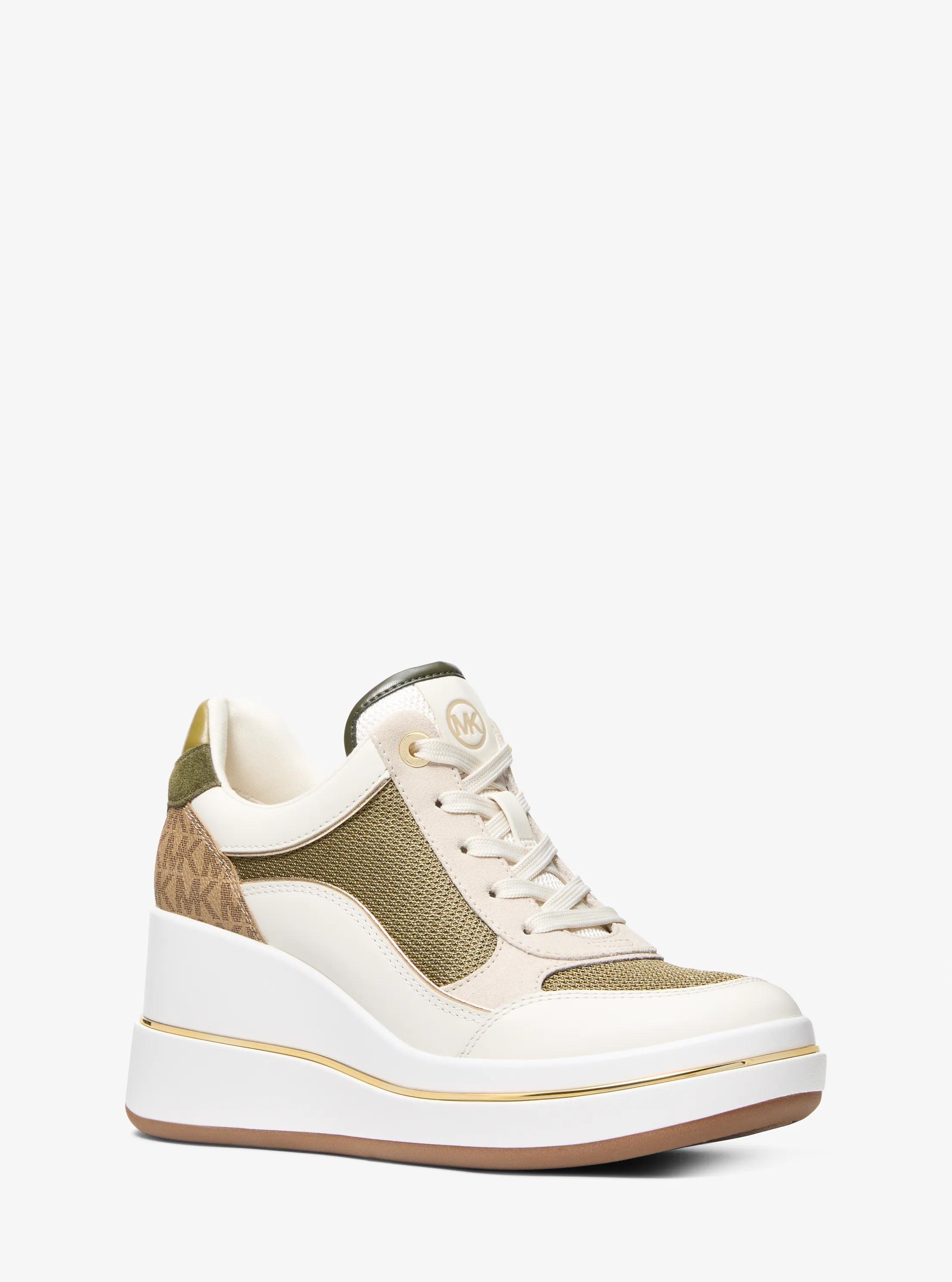 MK Sneaker Emmy van leer met kalfshaar met sleehak - Naturel - Michael Kors