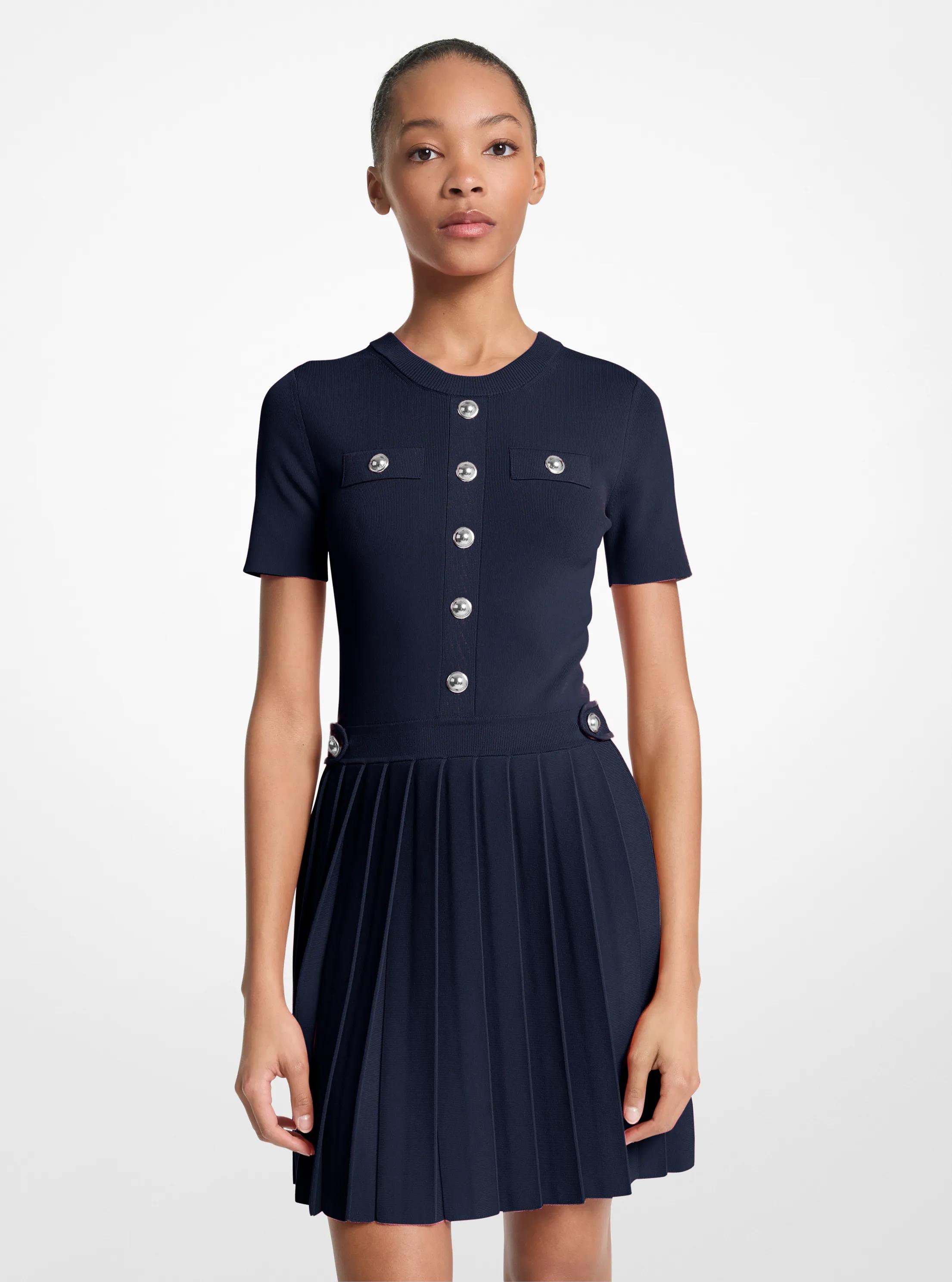 【yo BIOTOP】Knit pleats mini dress Stretch Knit Pleated Mini Dress in MIDNIGHTBLUE - Sale | Michael