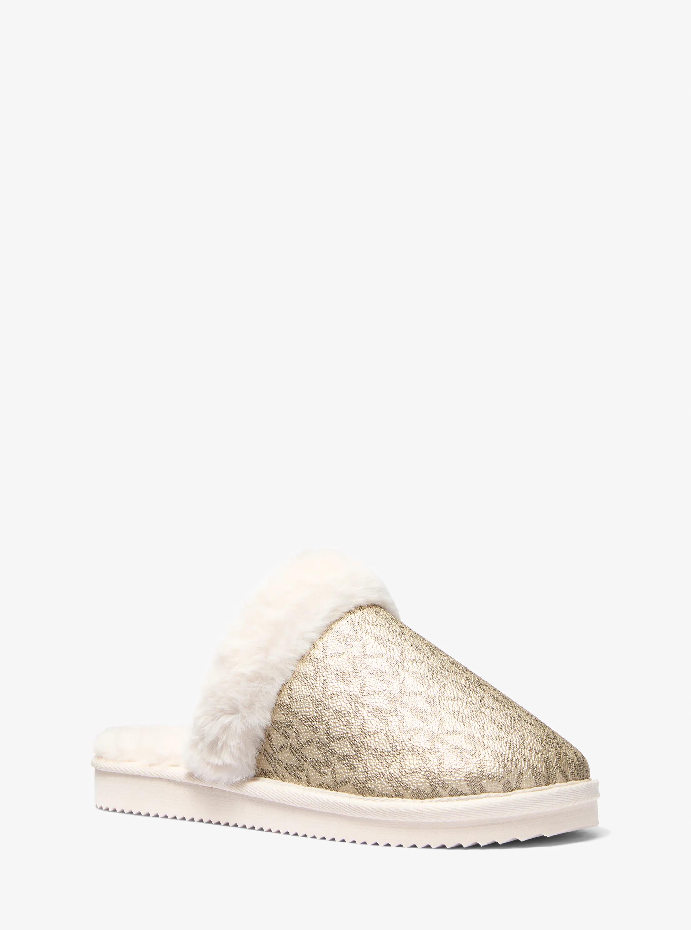 Liddy Metallic Signature Logo and Faux Fur Slipper in PALE GOLD | Michael Kors