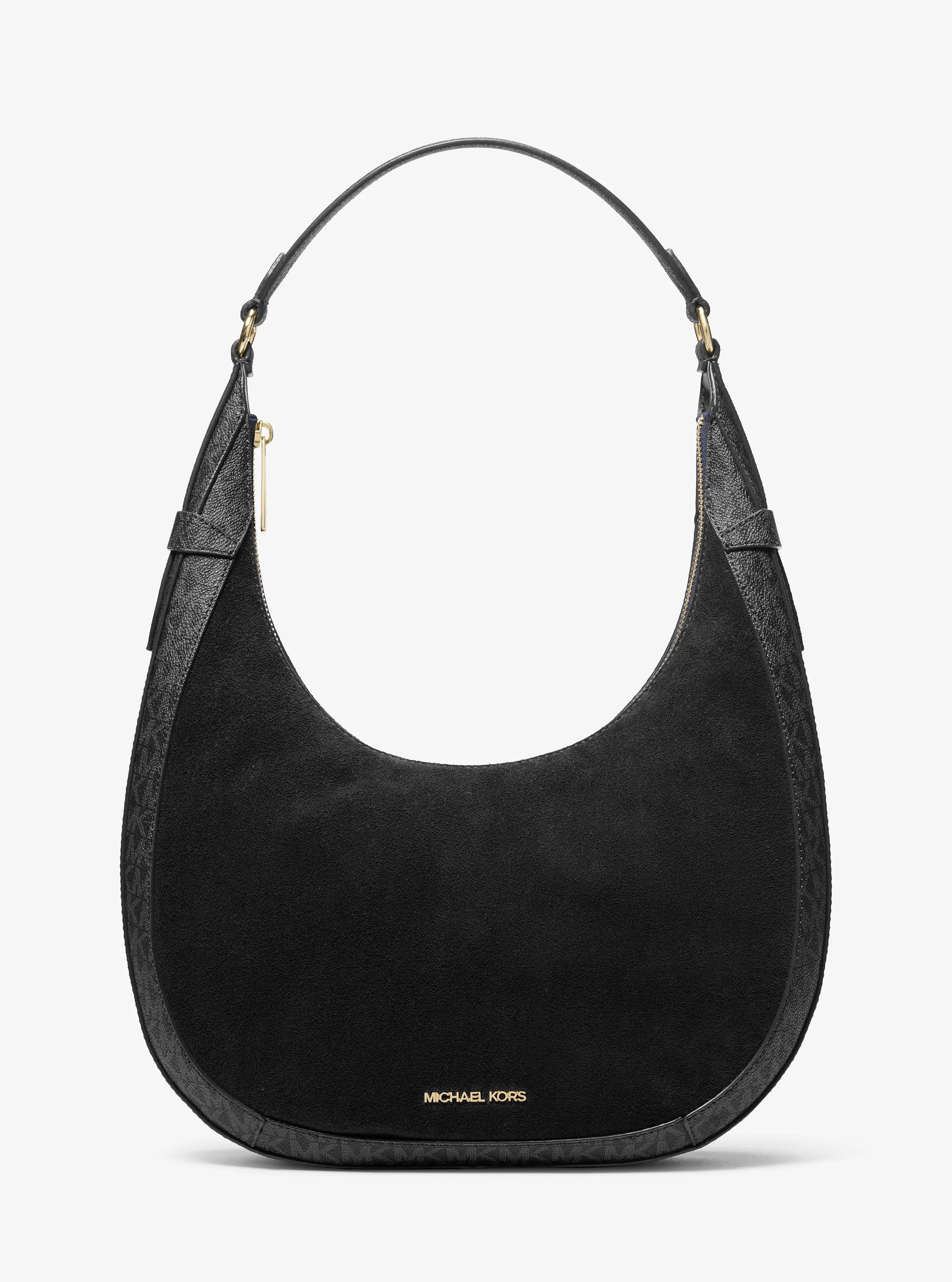 Preston Large Suede and Signature Logo Crescent Shoulder Bag in BLACK | Michael Kors