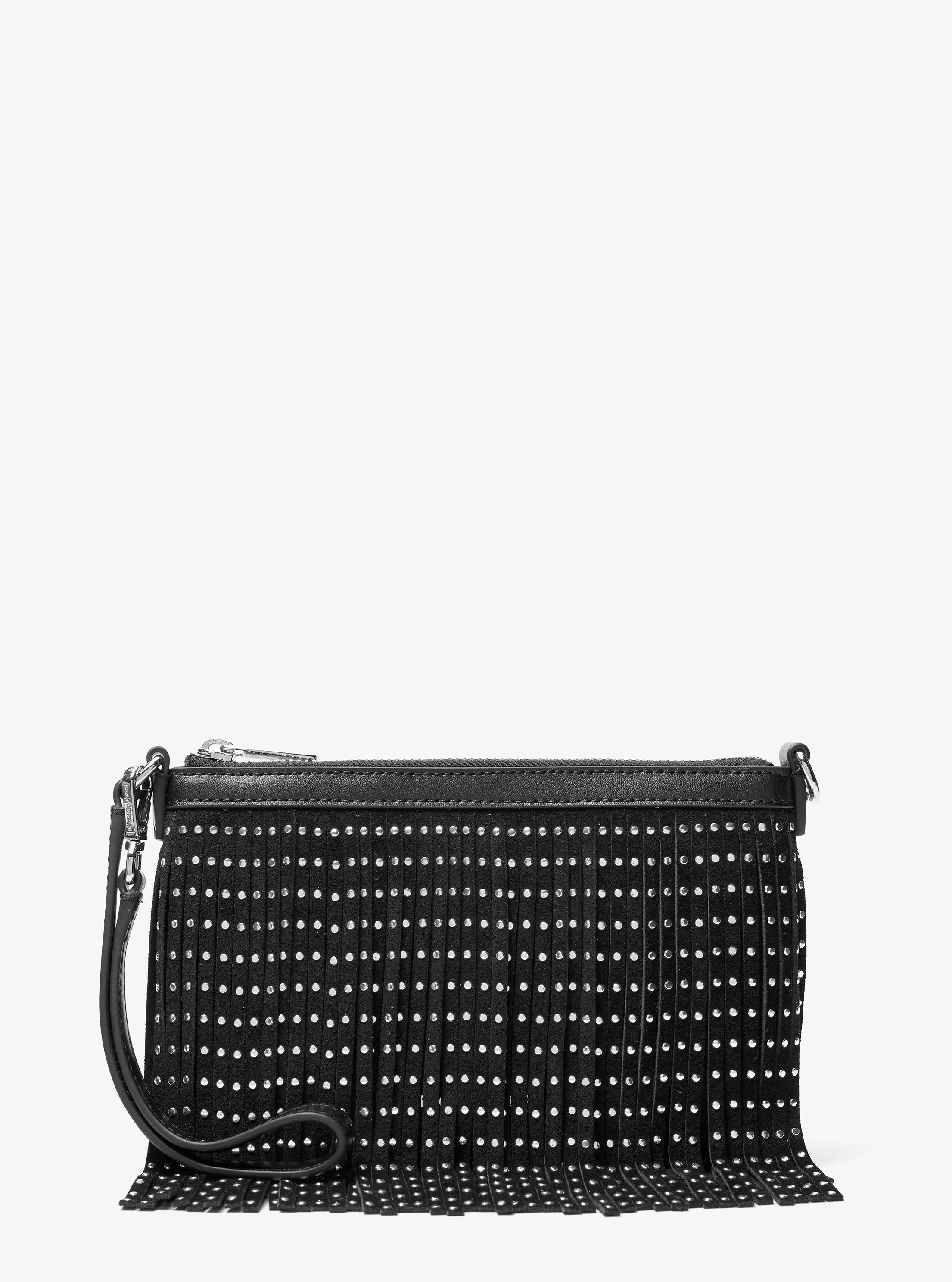Jet Set Travel Small Studded Fringed Microsuede Wristlet in BLACK | Michael Kors