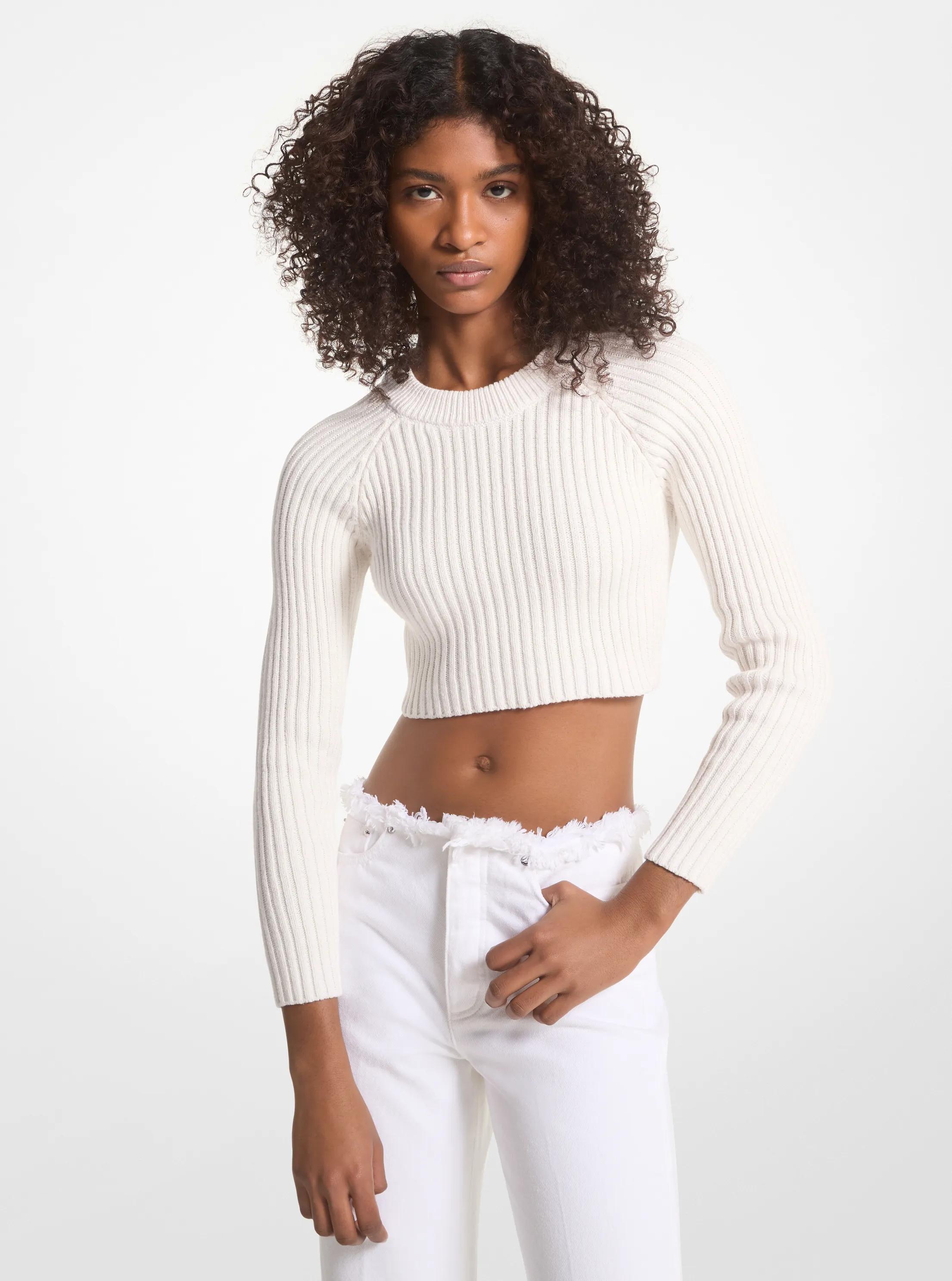 Ribbed Organic Cotton Cropped Sweater in WHITE | Michael Kors