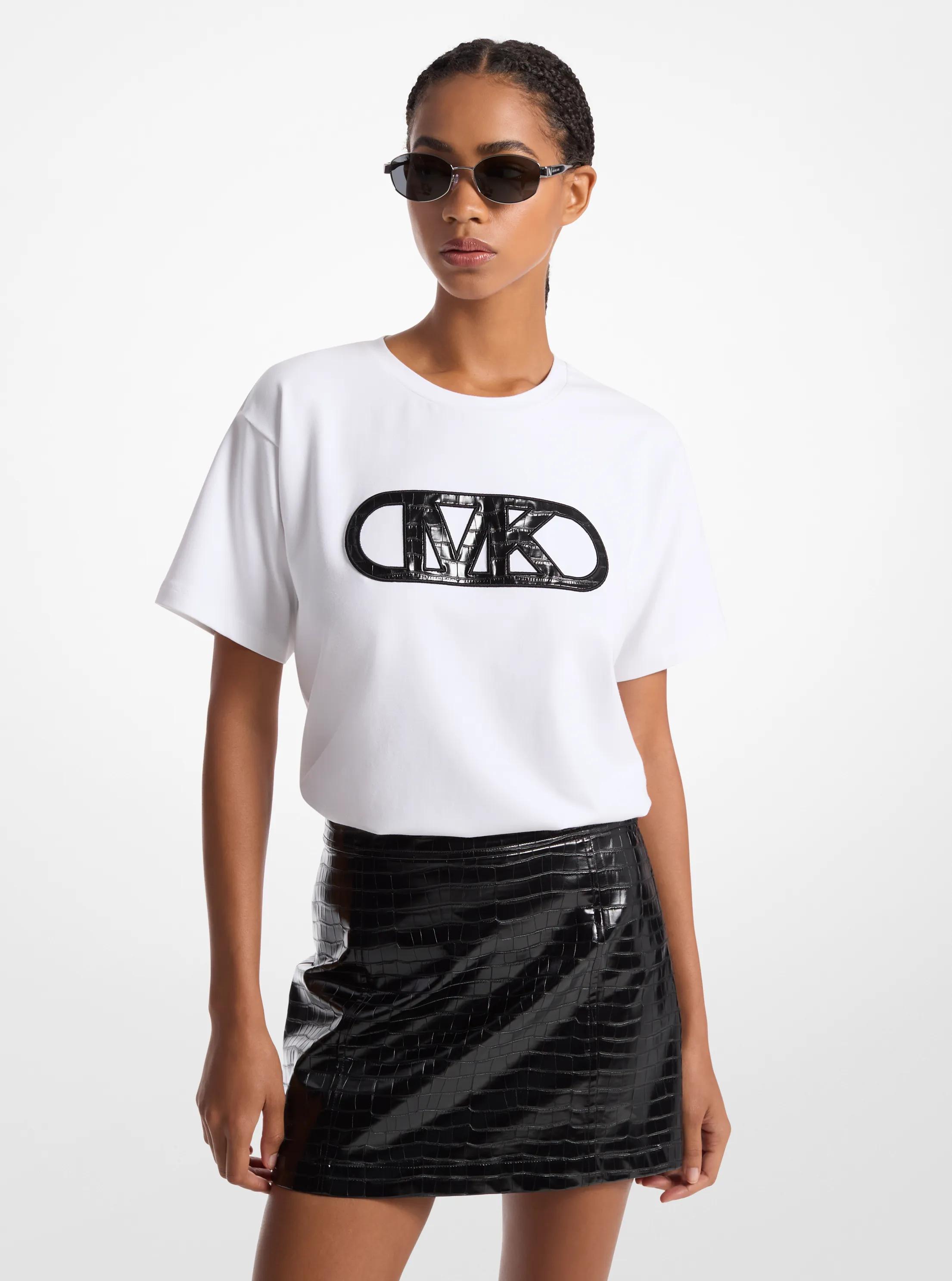 Camiseta de algod&oacute;n el&aacute;stico con motivo de cocodrilo en relieve y logotipo imperio in BLANCO | Michael Kors