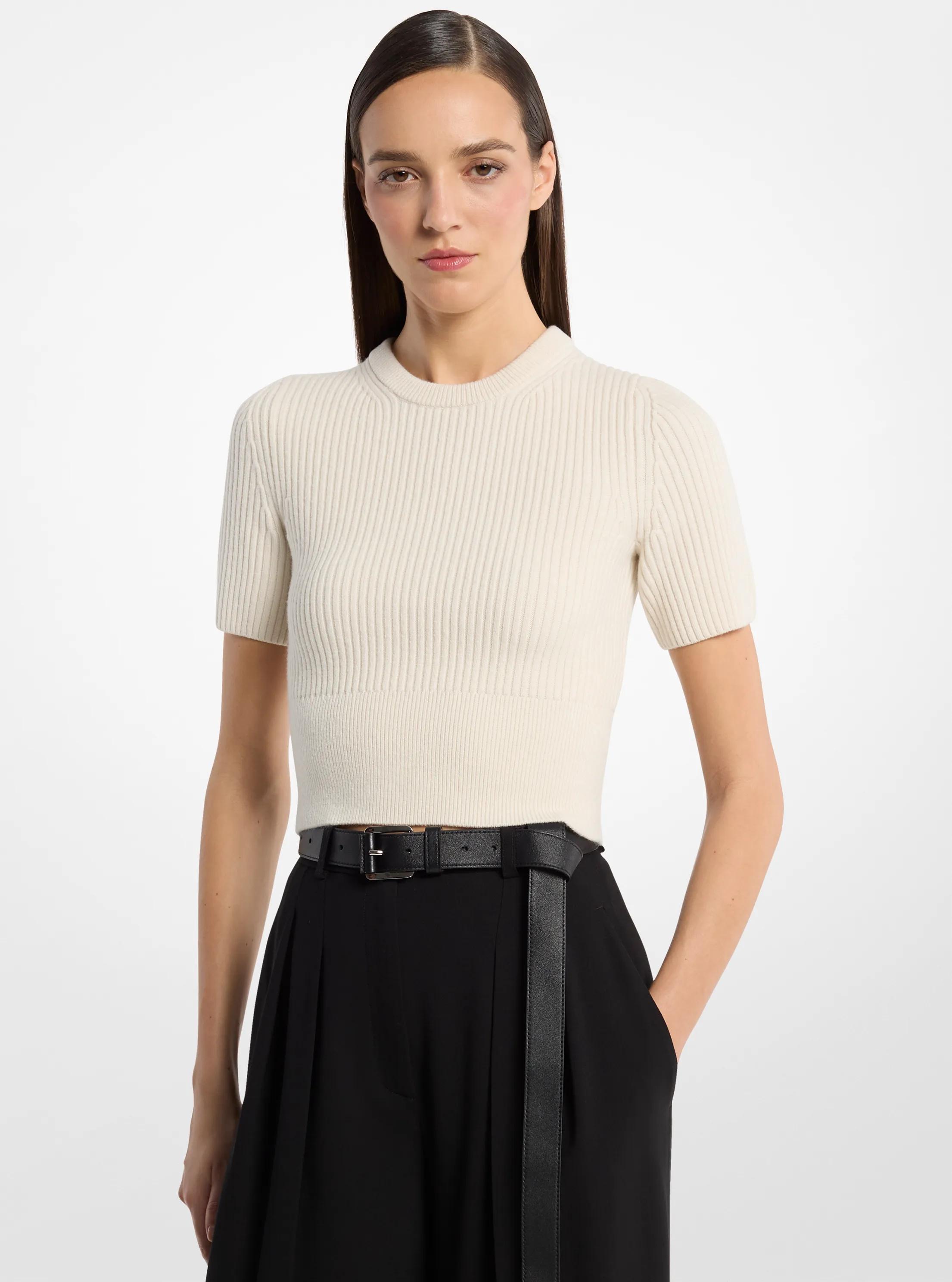 Michael Kors Collection Ribbed Cashmere Three-Quarter Sleeve Cropped Sweater