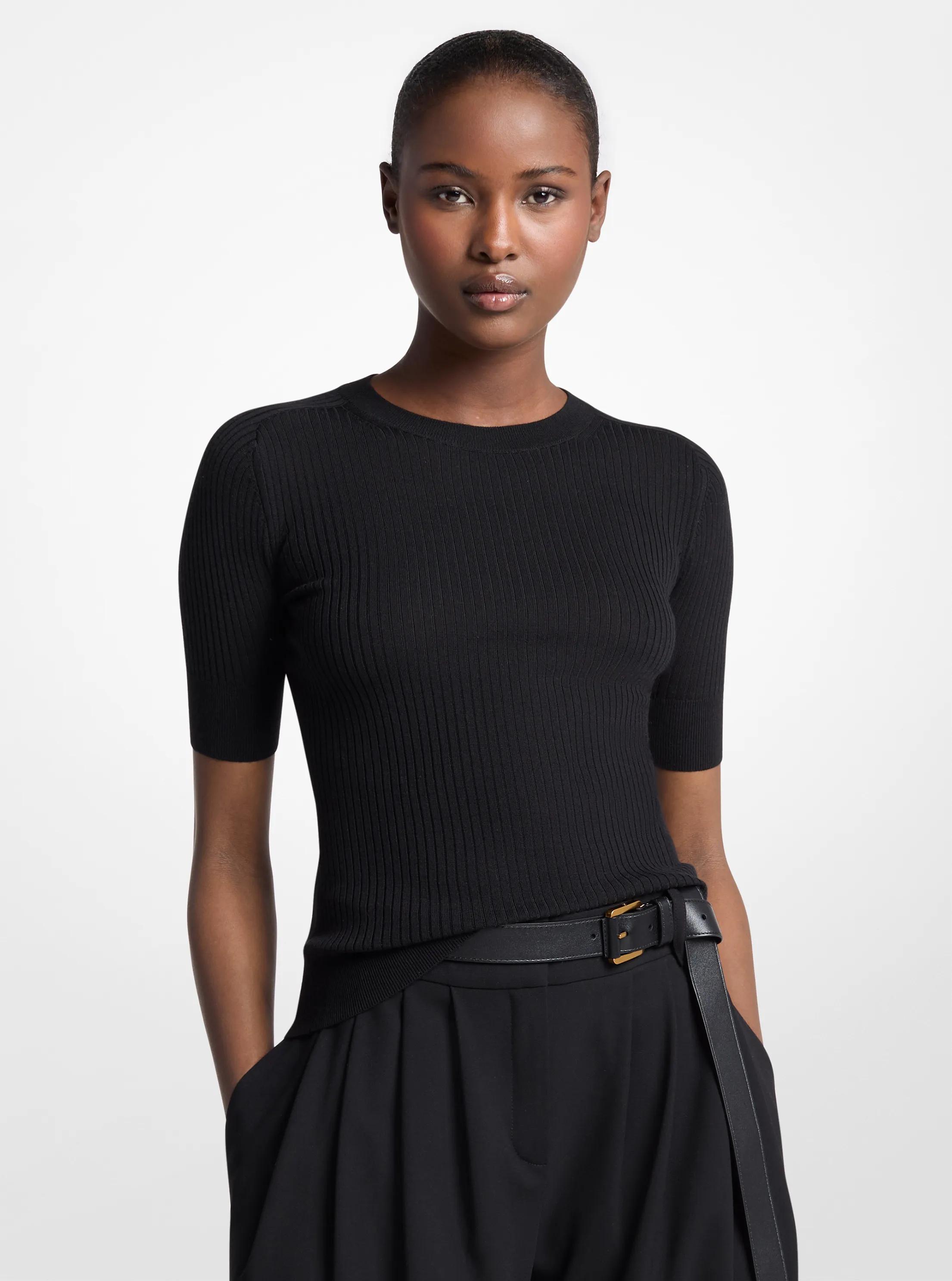 Ribbed Wool Elbow-Sleeve Sweater in BLACK | Michael Kors