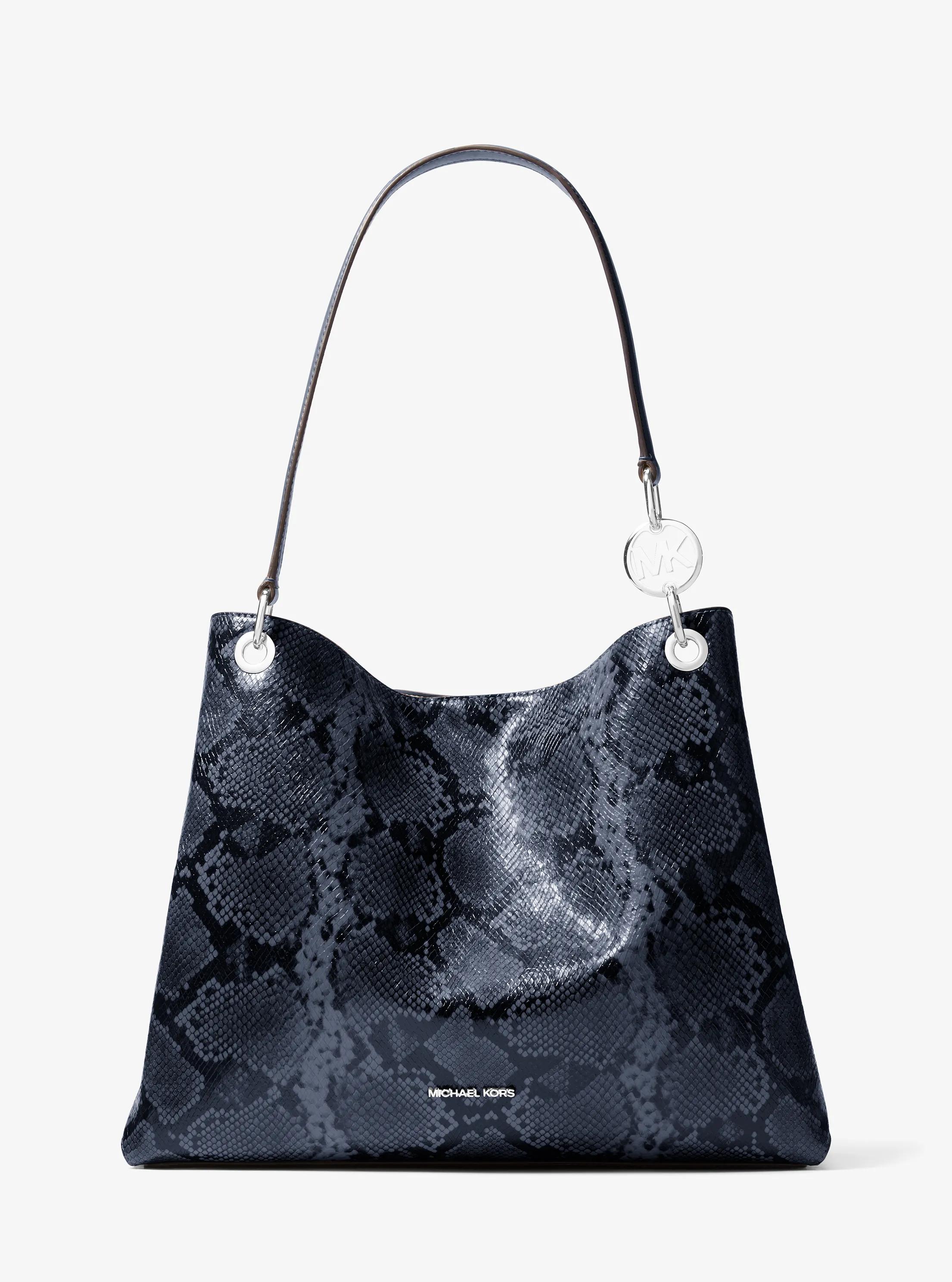 Christina Large Snake Embossed Shoulder Bag in NAVY - Sale