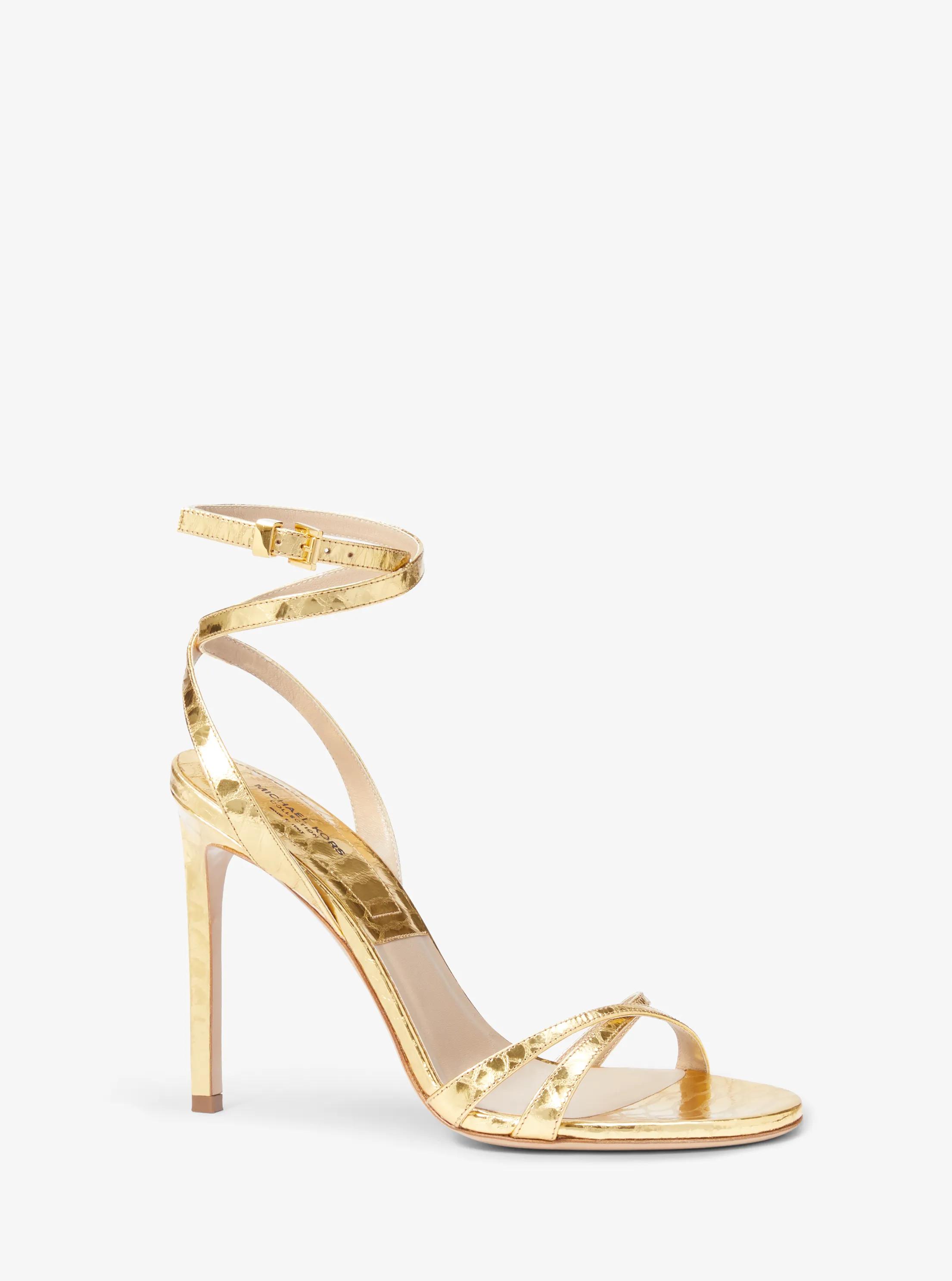 Chrissy Metallic Python Embossed Leather Sandal in GOLD | Michael Kors