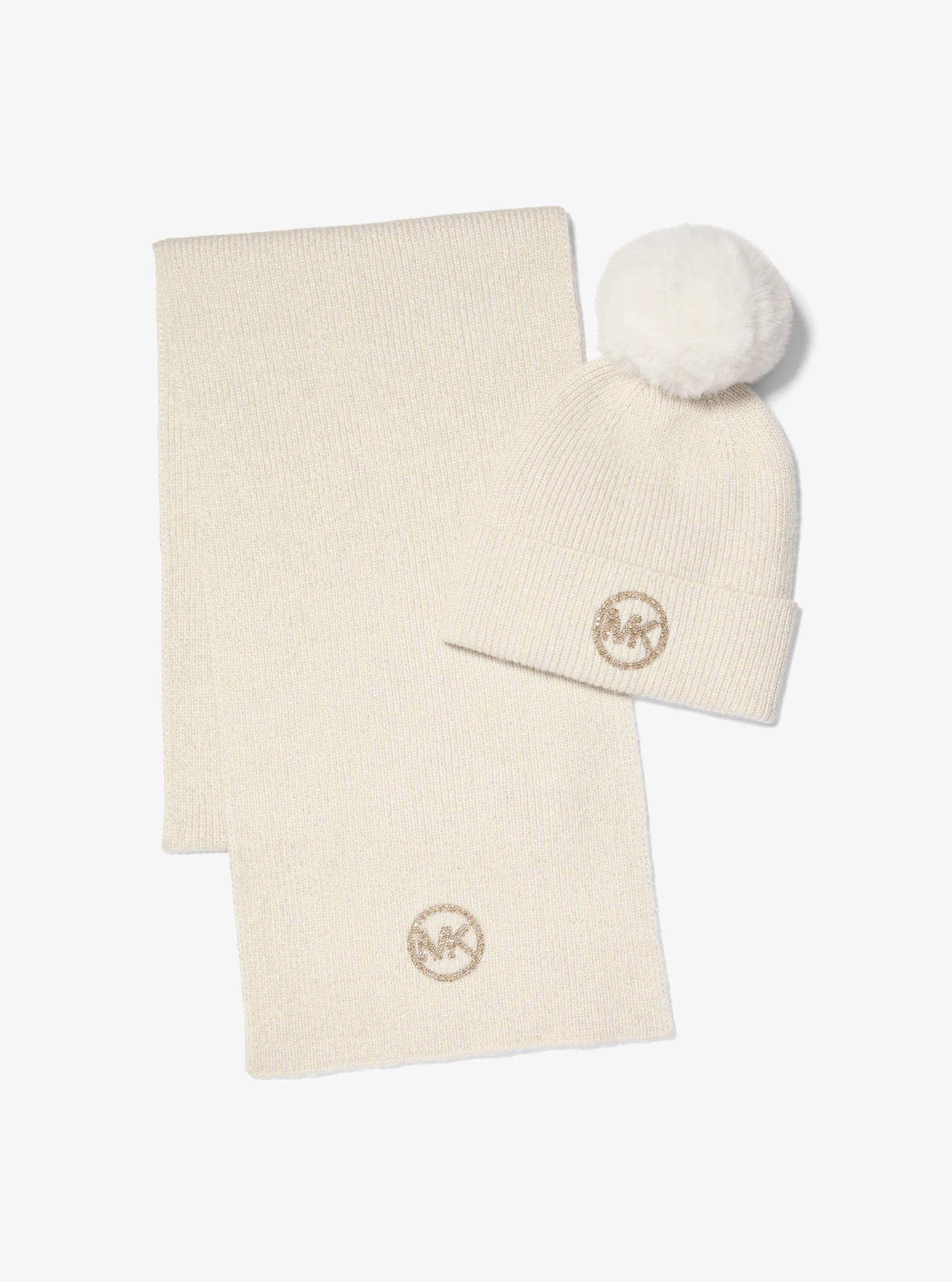 Metallic Knit Beanie Hat and Scarf Set in LIGHT CREAM | Michael Kors