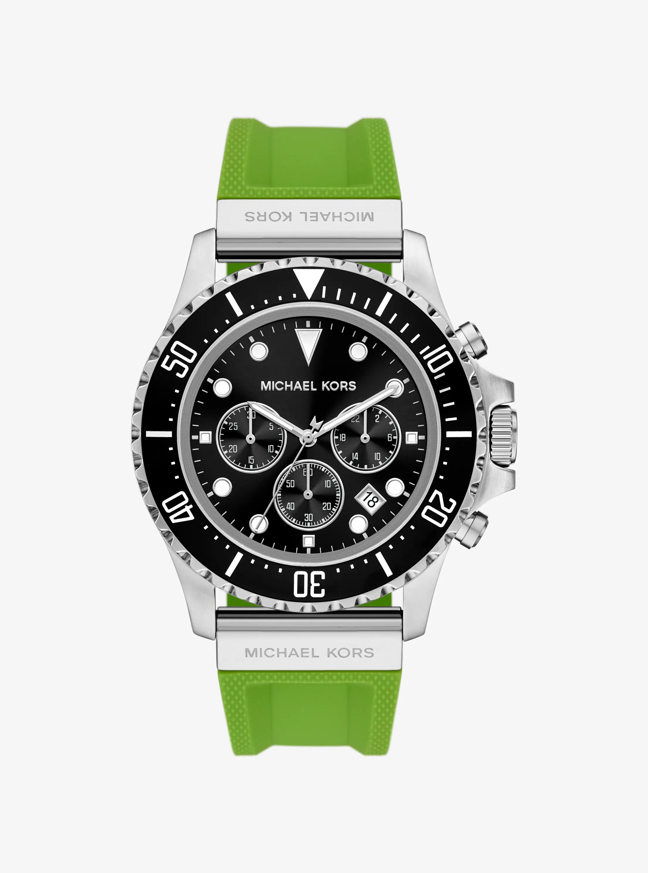 Oversized Everest Silver-Tone and Silicone Watch in JUNGLE GREEN | Michael Kors