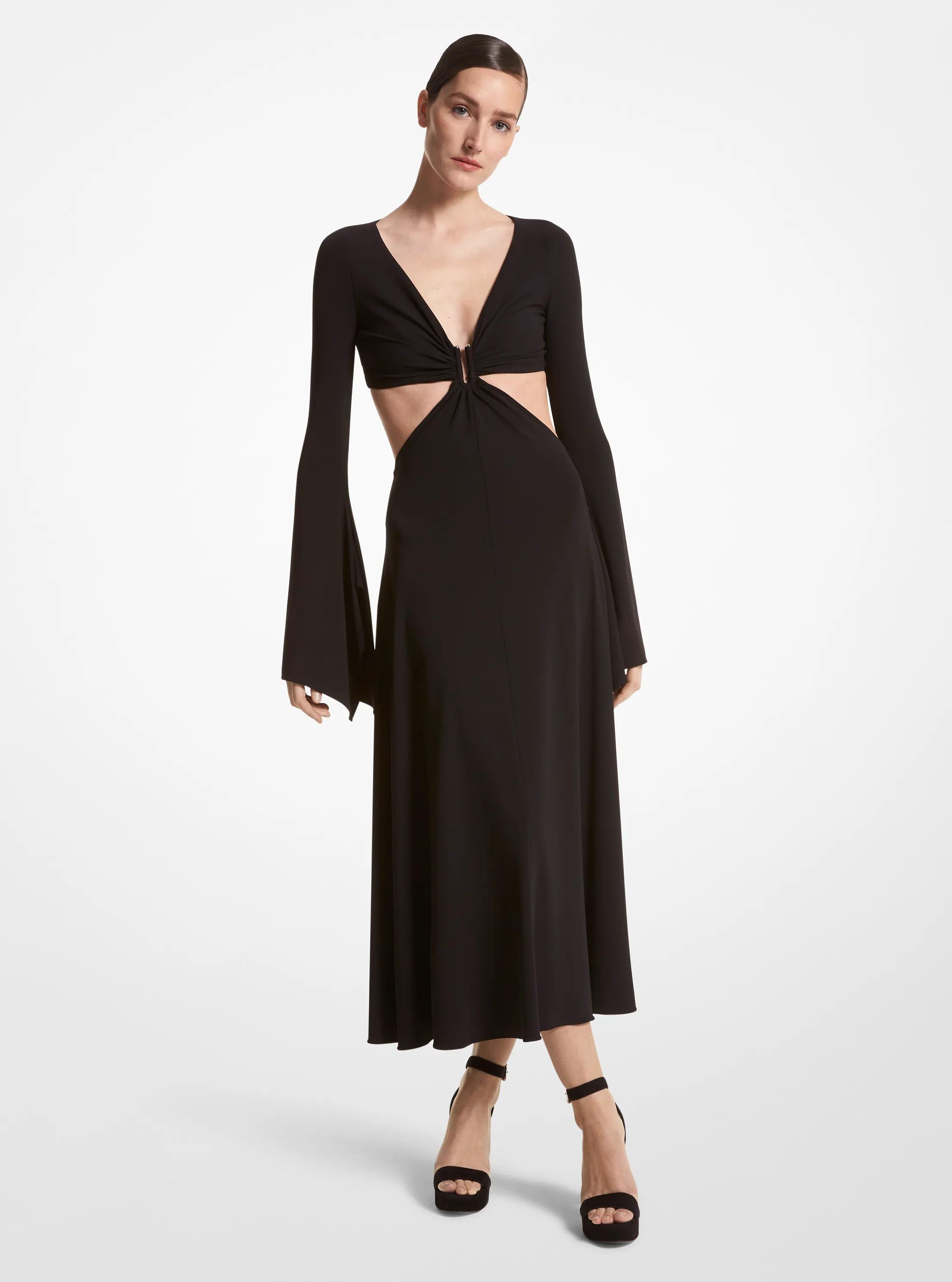 Vestido de punto liso mate el&aacute;stico con mangas de campana