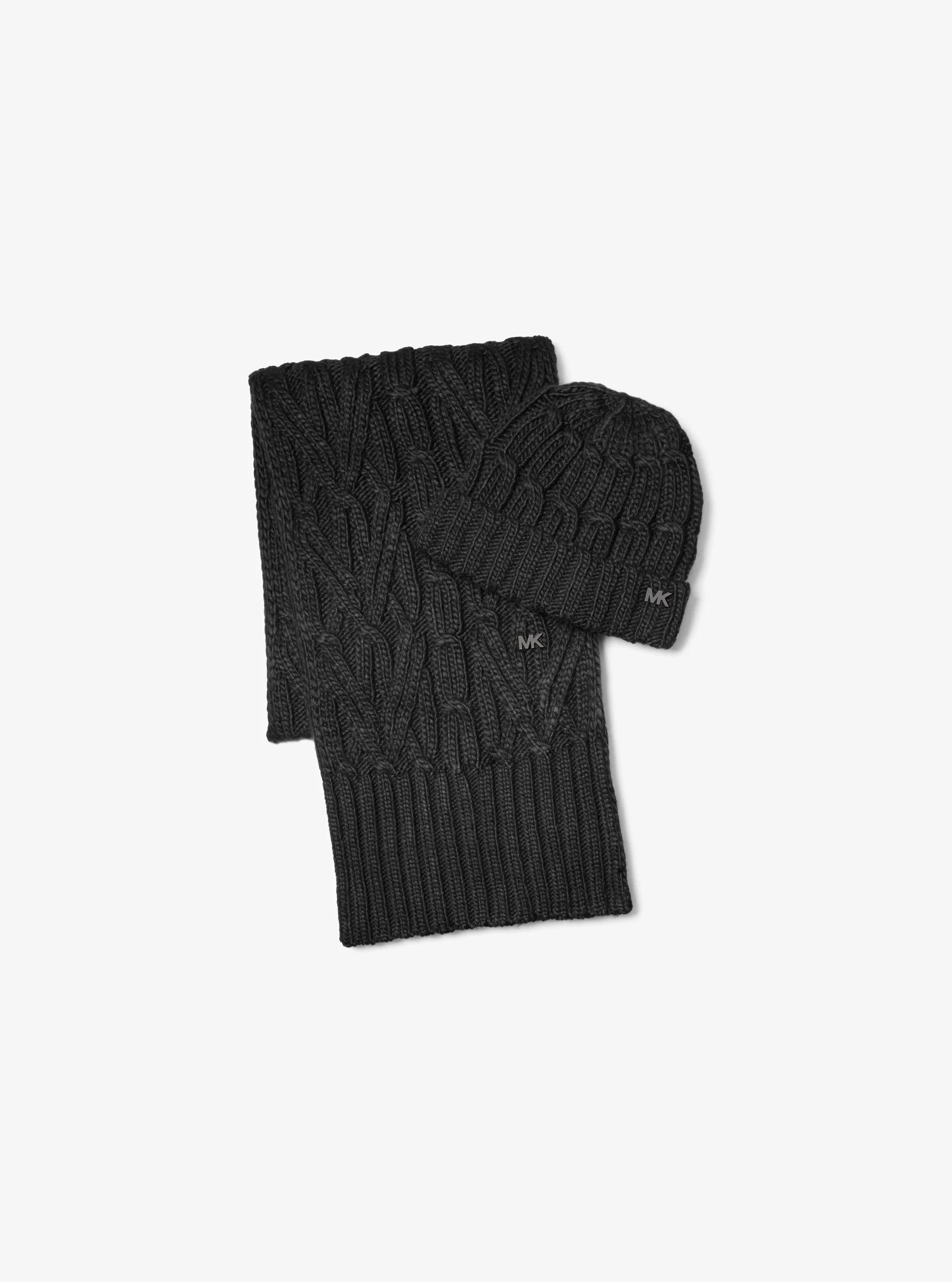 Cable-Knit Beanie Hat And Scarf Set in BLACK | Michael Kors
