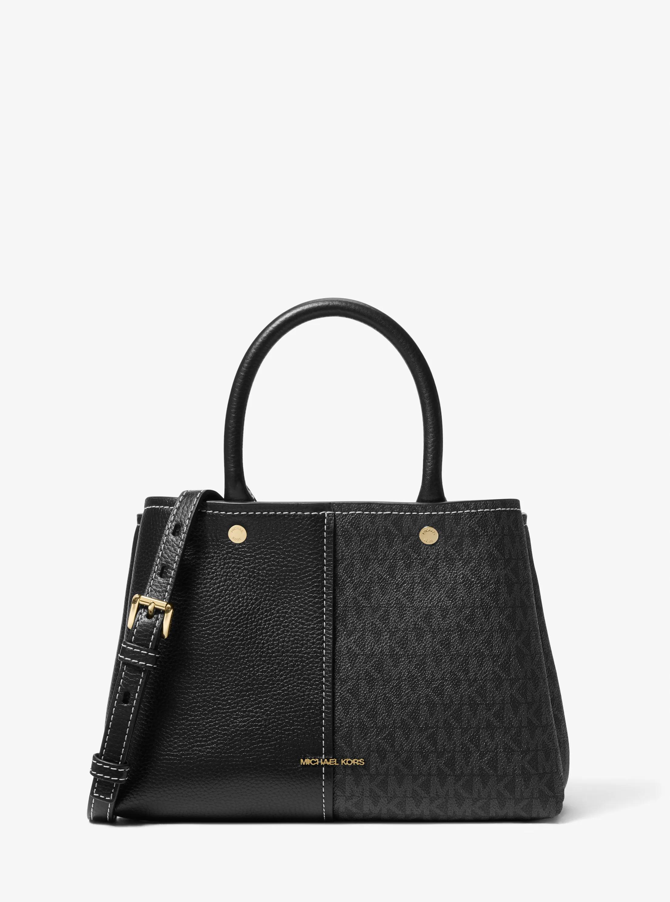 Flora Medium Signature Logo and Leather Satchel in BLACK | Michael Kors