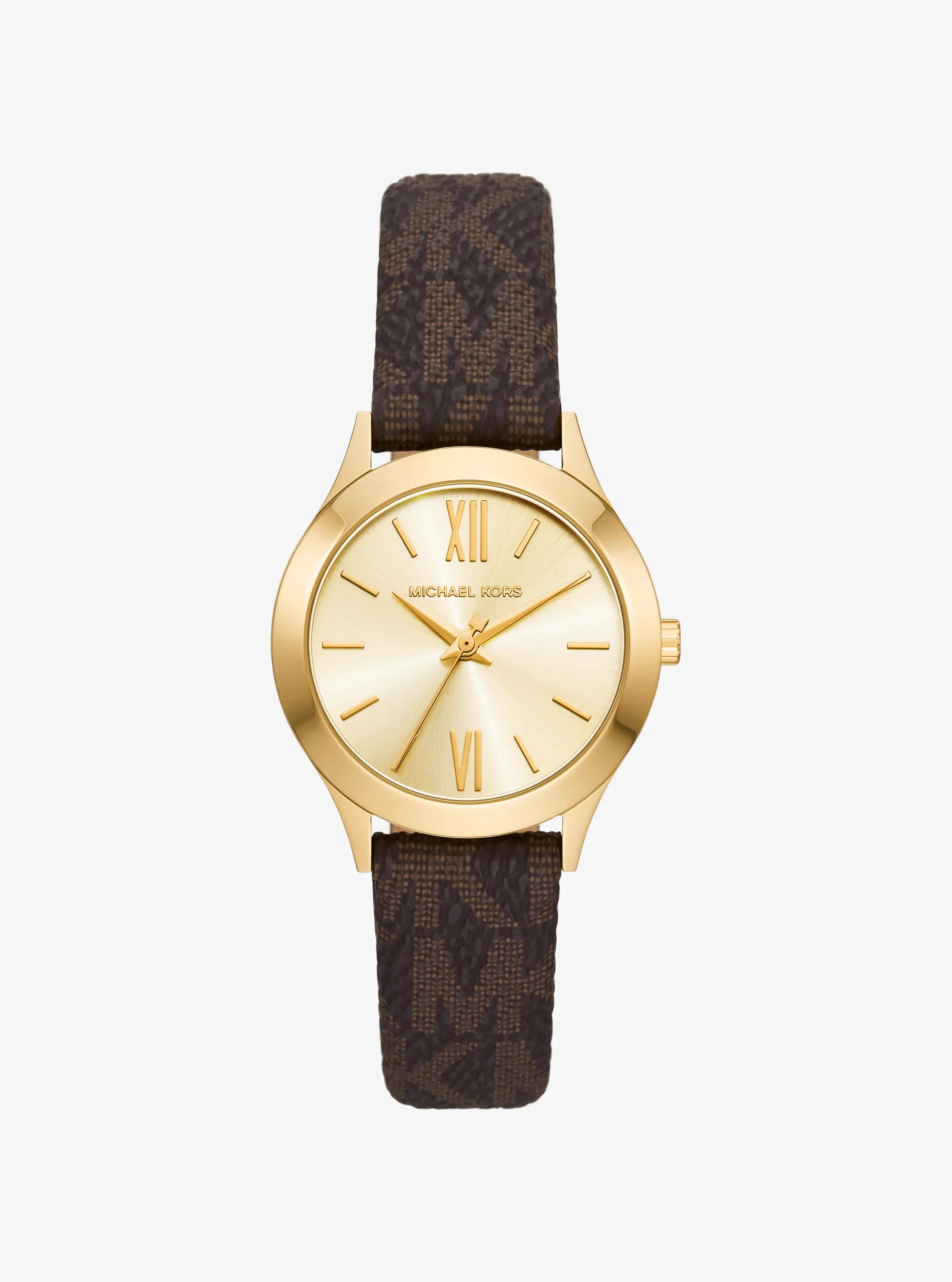 Mini Aspyn Gold-Tone and Signature Logo Watch in BROWN | Michael Kors