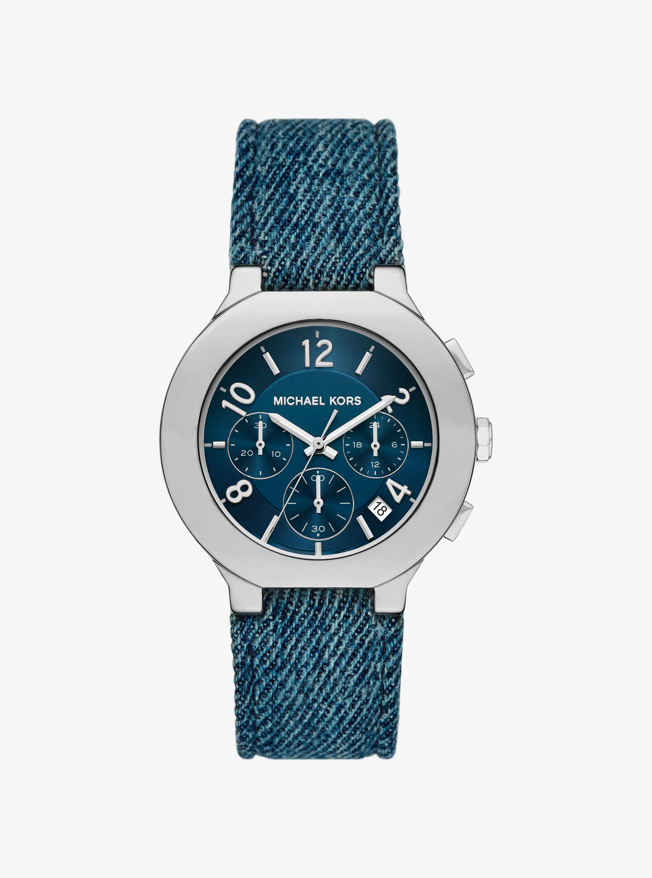 Oversized Gramercy Silver-Tone Denim Watch in DENIM | Michael Kors