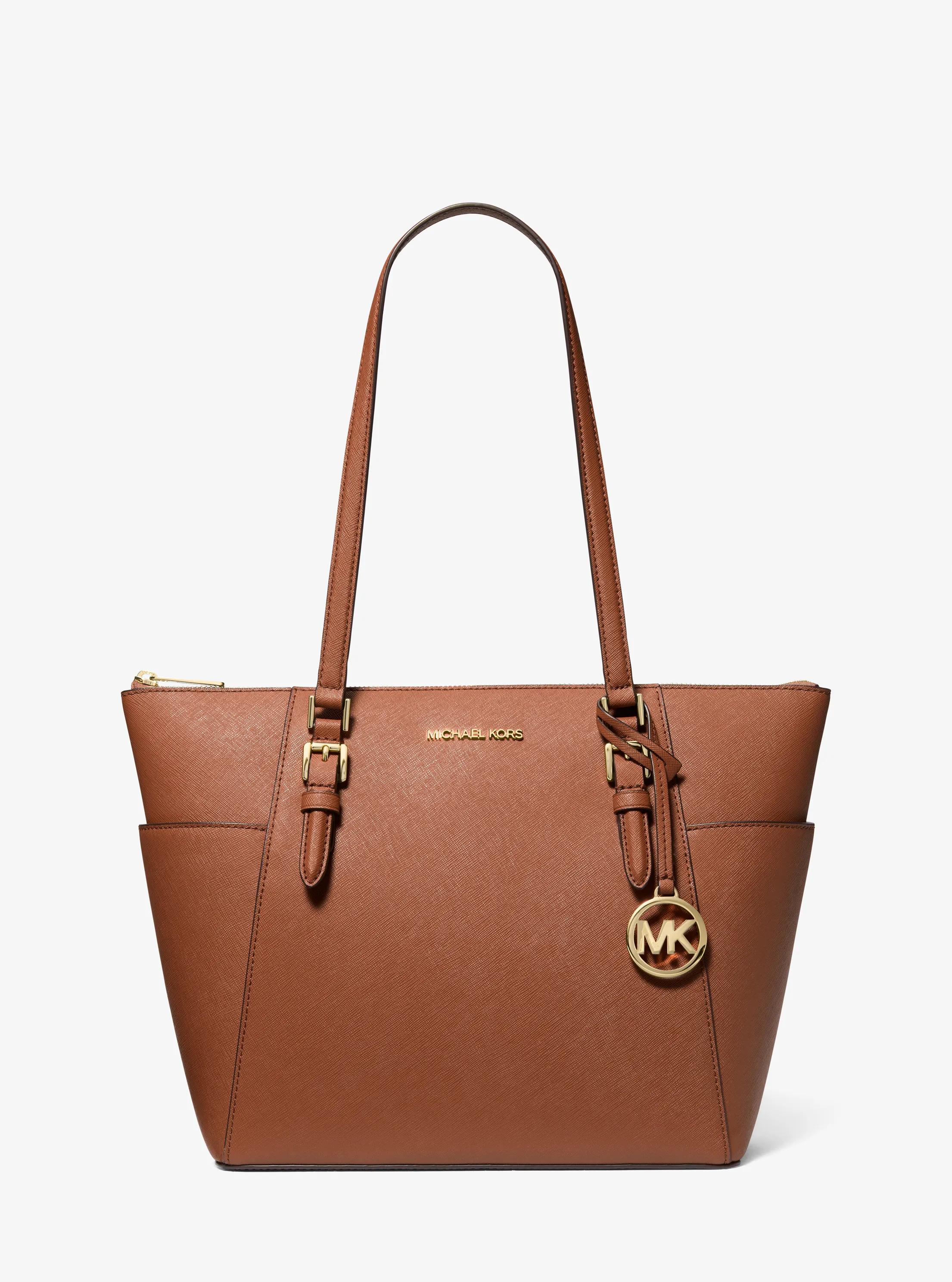 Charlotte Large Saffiano Leather Top-Zip Tote Bag in LUGGAGE | Michael Kors