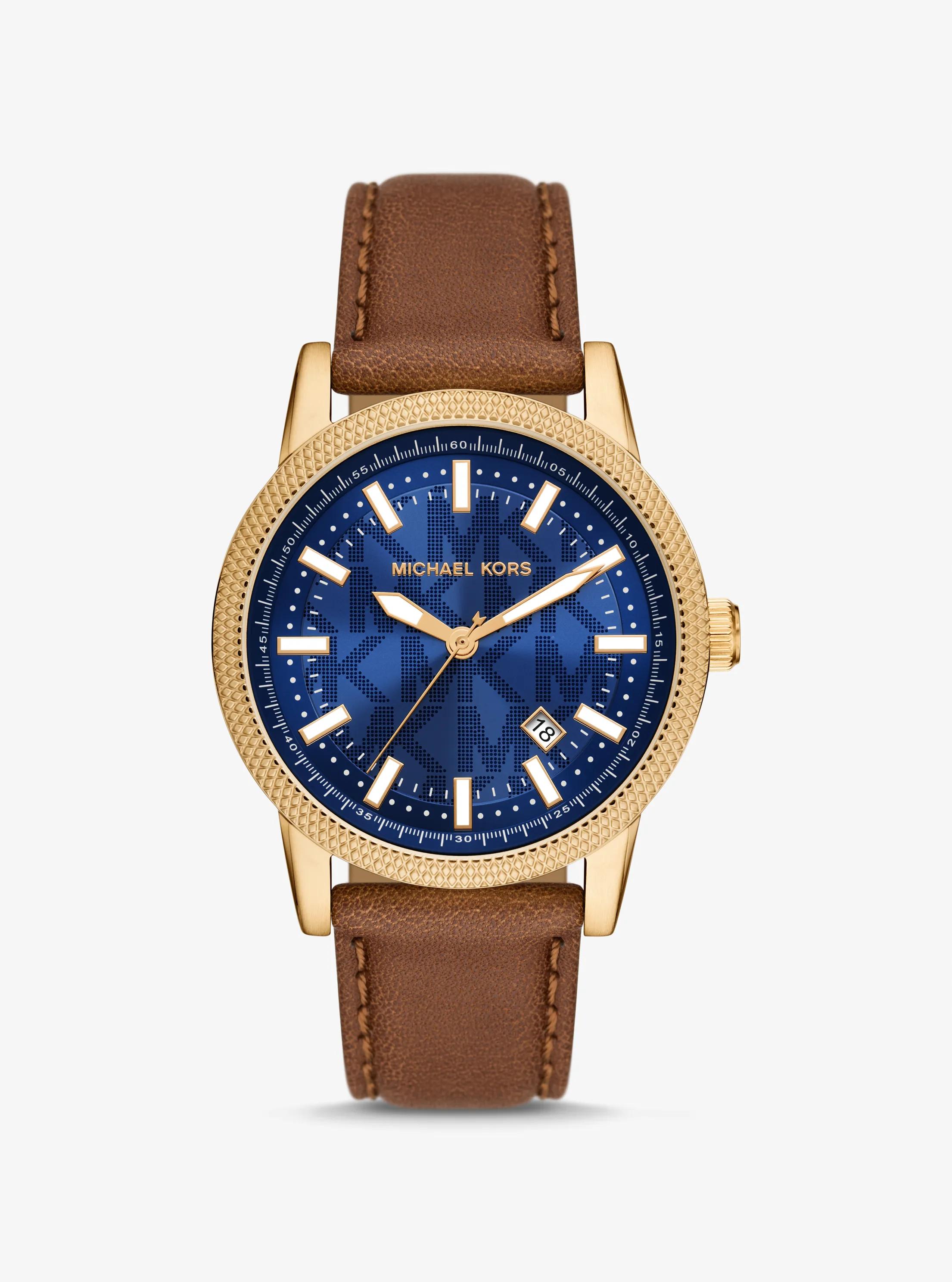 Oversized Hutton Gold-Tone and Leather Watch in LUGGAGE | Michael Kors