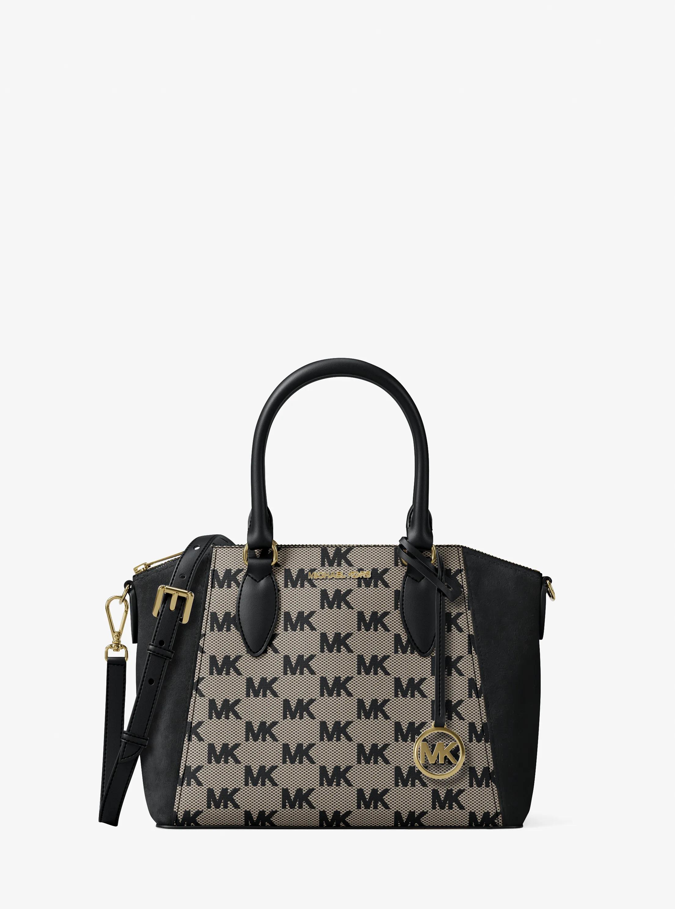 Sienna Small Logo Jacquard and Leather Satchel in BLACK | Michael Kors
