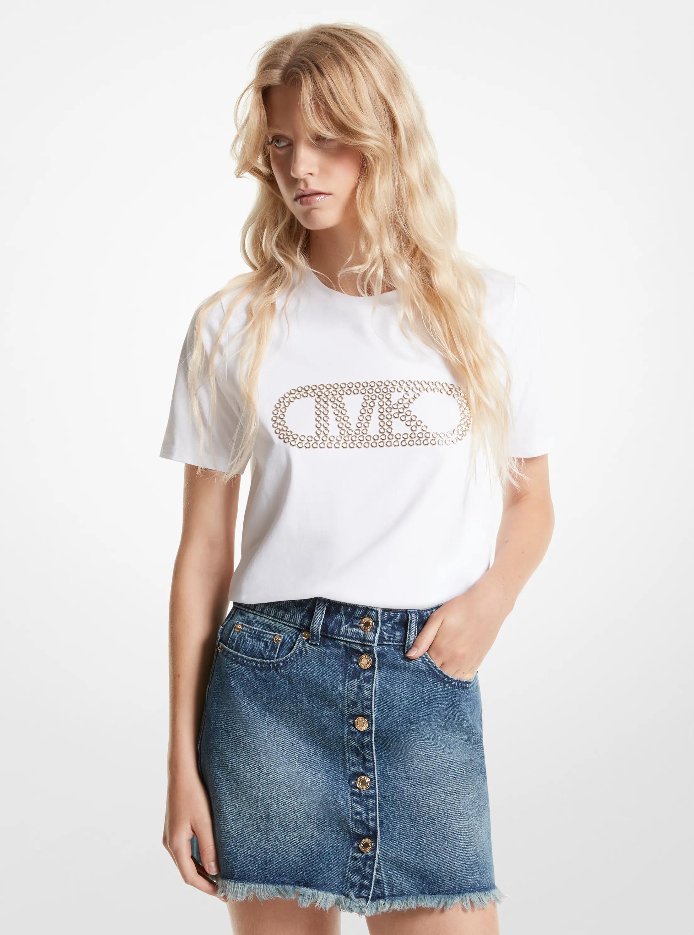 Camiseta de algod&oacute;n org&aacute;nico con logotipo imperio de ojales in BLANCO | Michael Kors