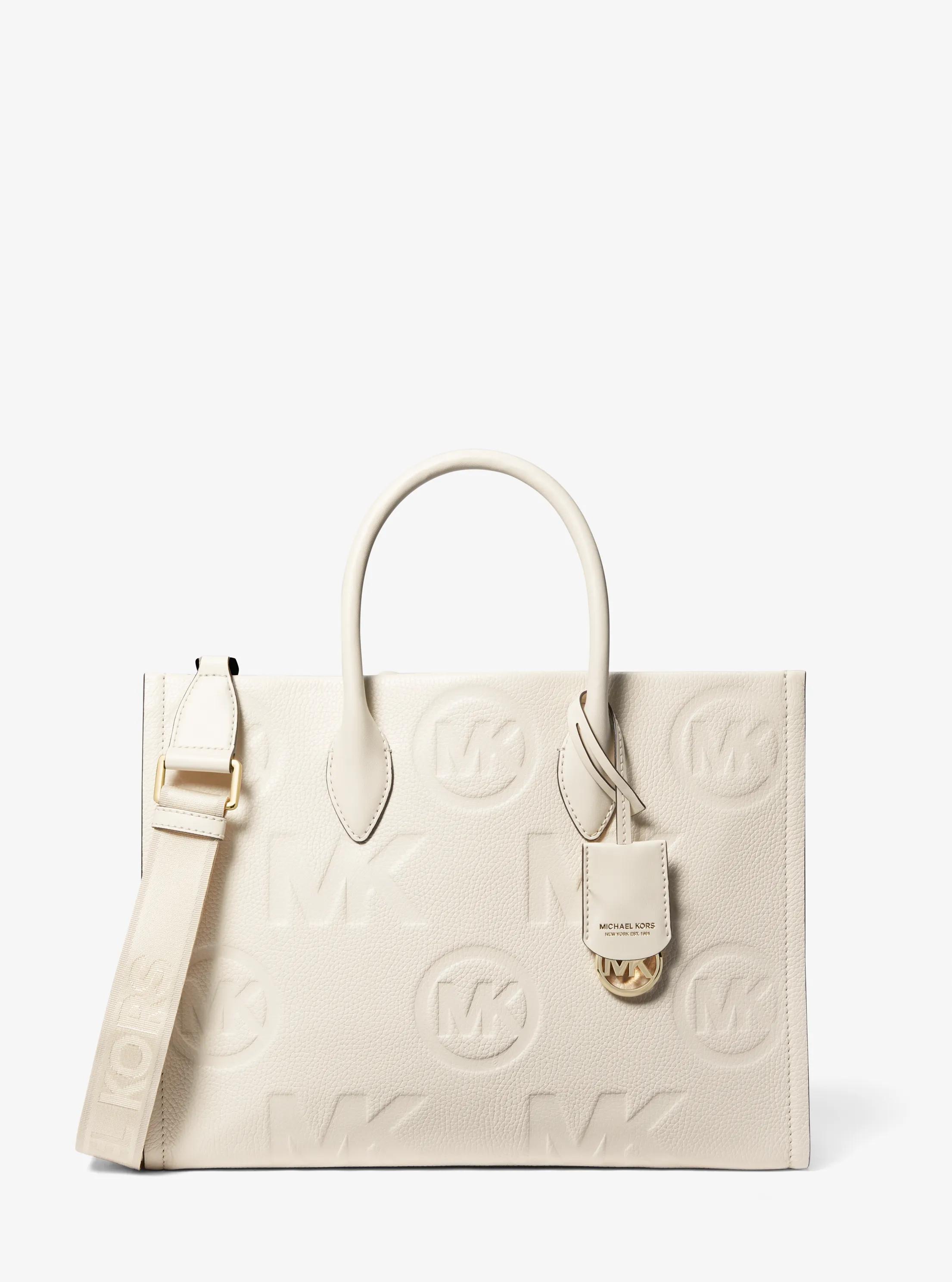 Mirella Medium Logo Embossed Pebbled Leather Tote Bag