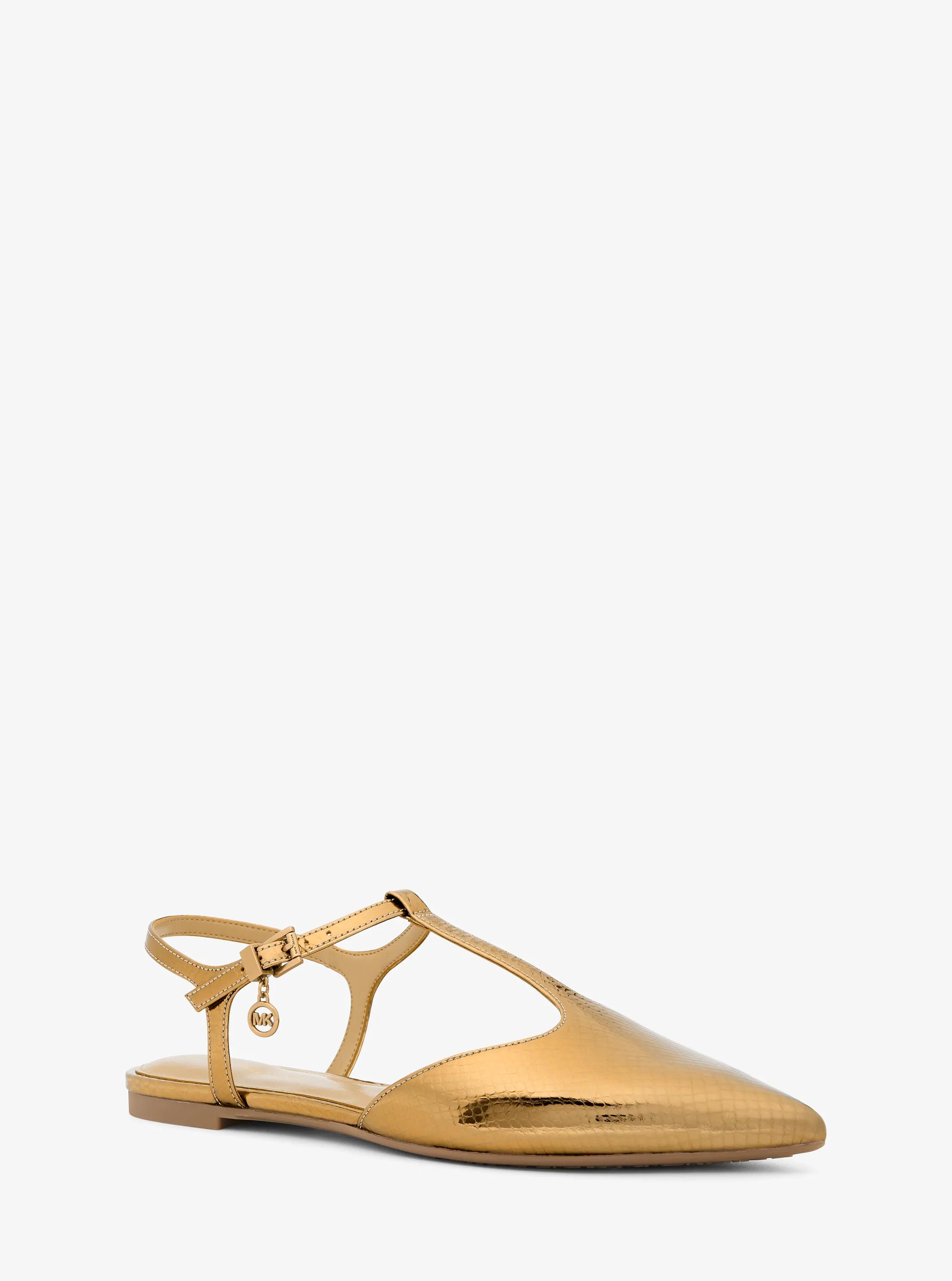 Chaussure plate &agrave; bride en T Cherie en cuir m&eacute;tallis&eacute; et gaufr&eacute; &agrave; motif de serpent in OR ANCIEN | Michael Kors
