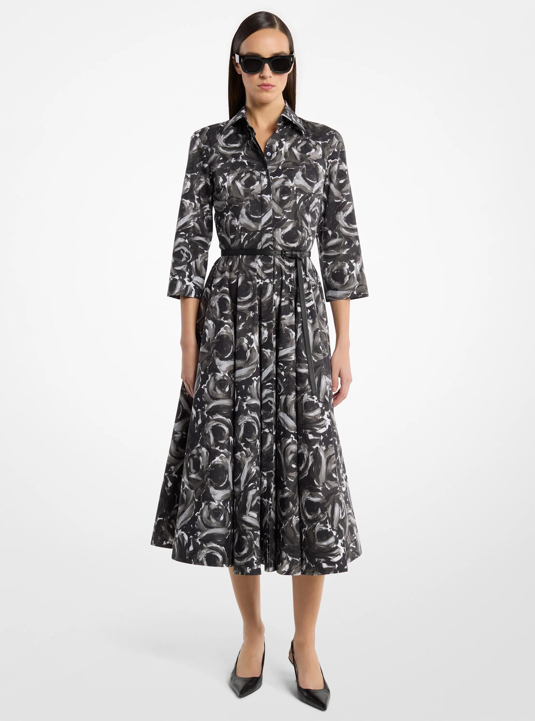 Vestido camisero de popelina de algod&oacute;n con estampado floral, cintur&oacute;n y mangas tres cuartos in PELTRE MULTICOLOR | Michael Kors
