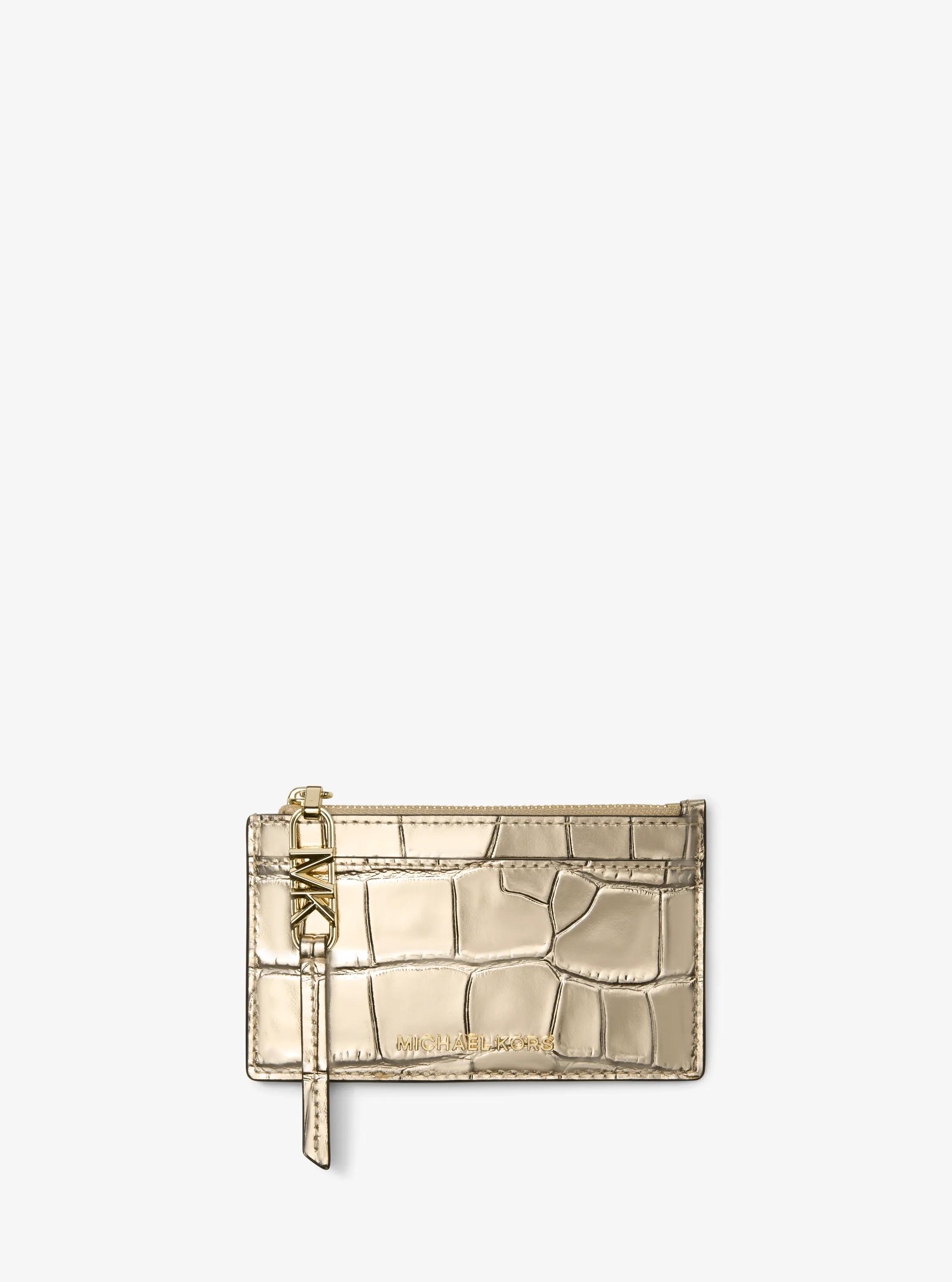 Empire Small Metallic Crocodile Embossed Leather Card Case in PALE GOLD | Michael Kors