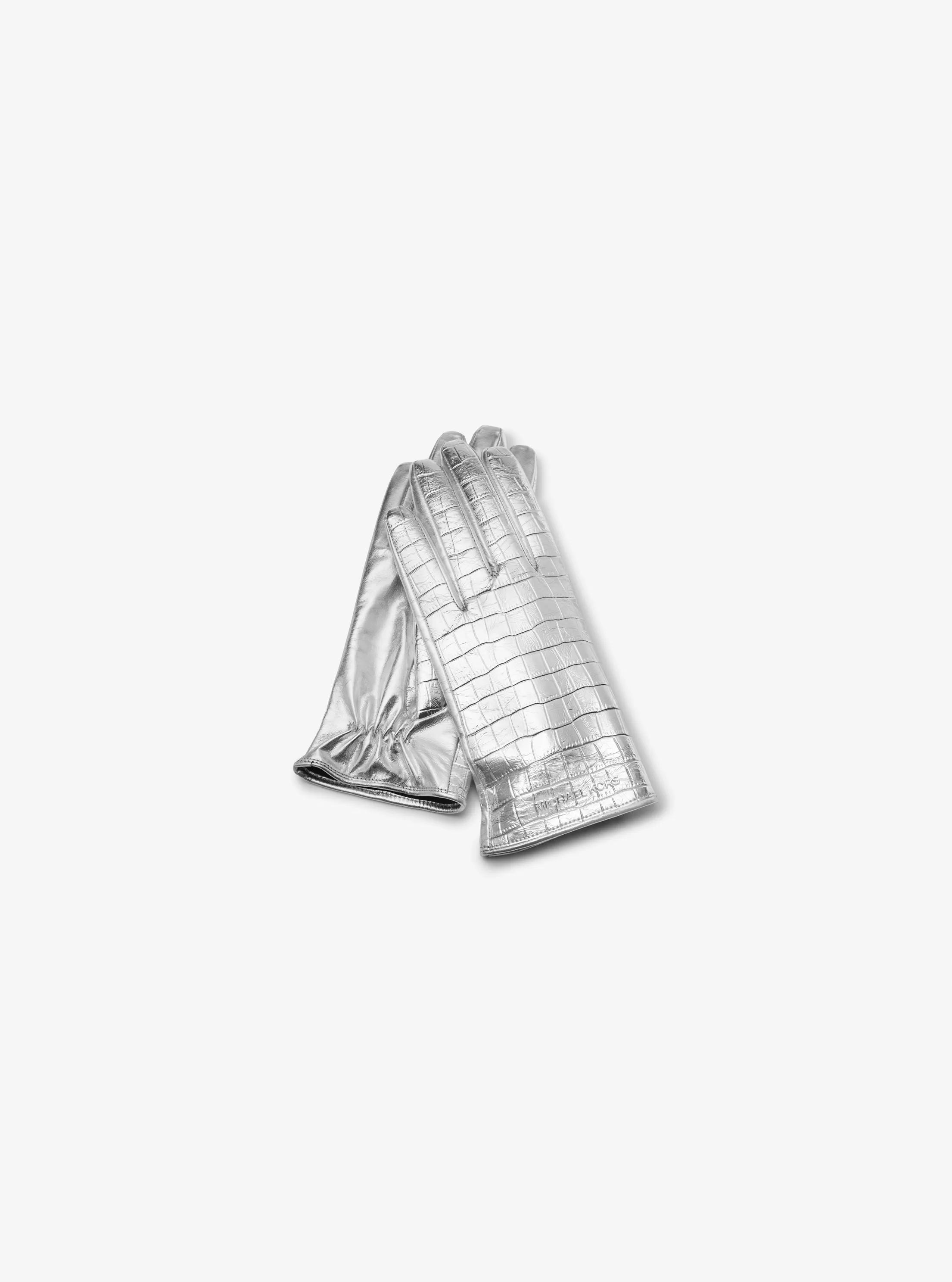 Metallic Crocodile Embossed Leather Gloves in SILVER | Michael Kors