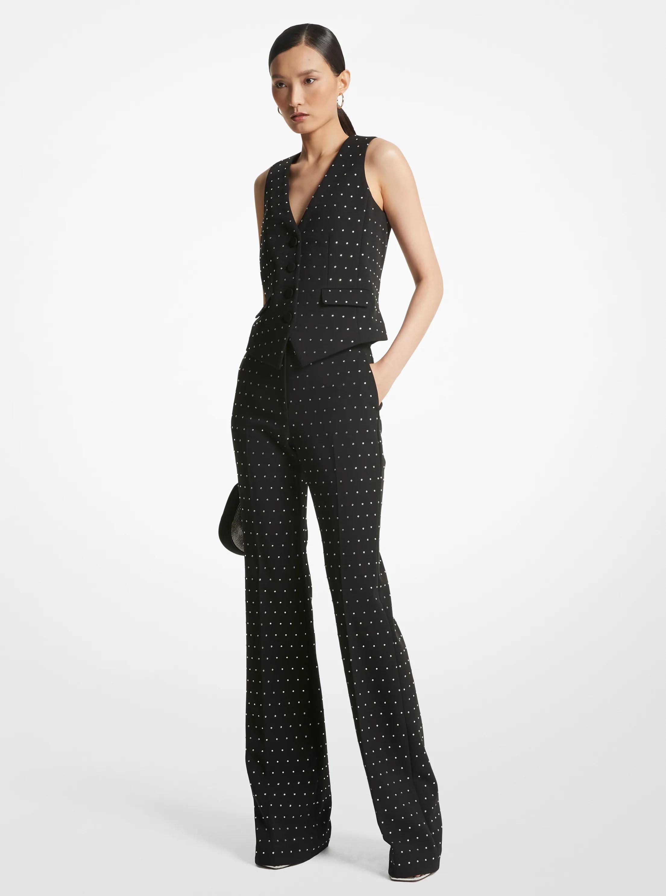 Crystal Embellished Stretch Crepe Bootcut Pants