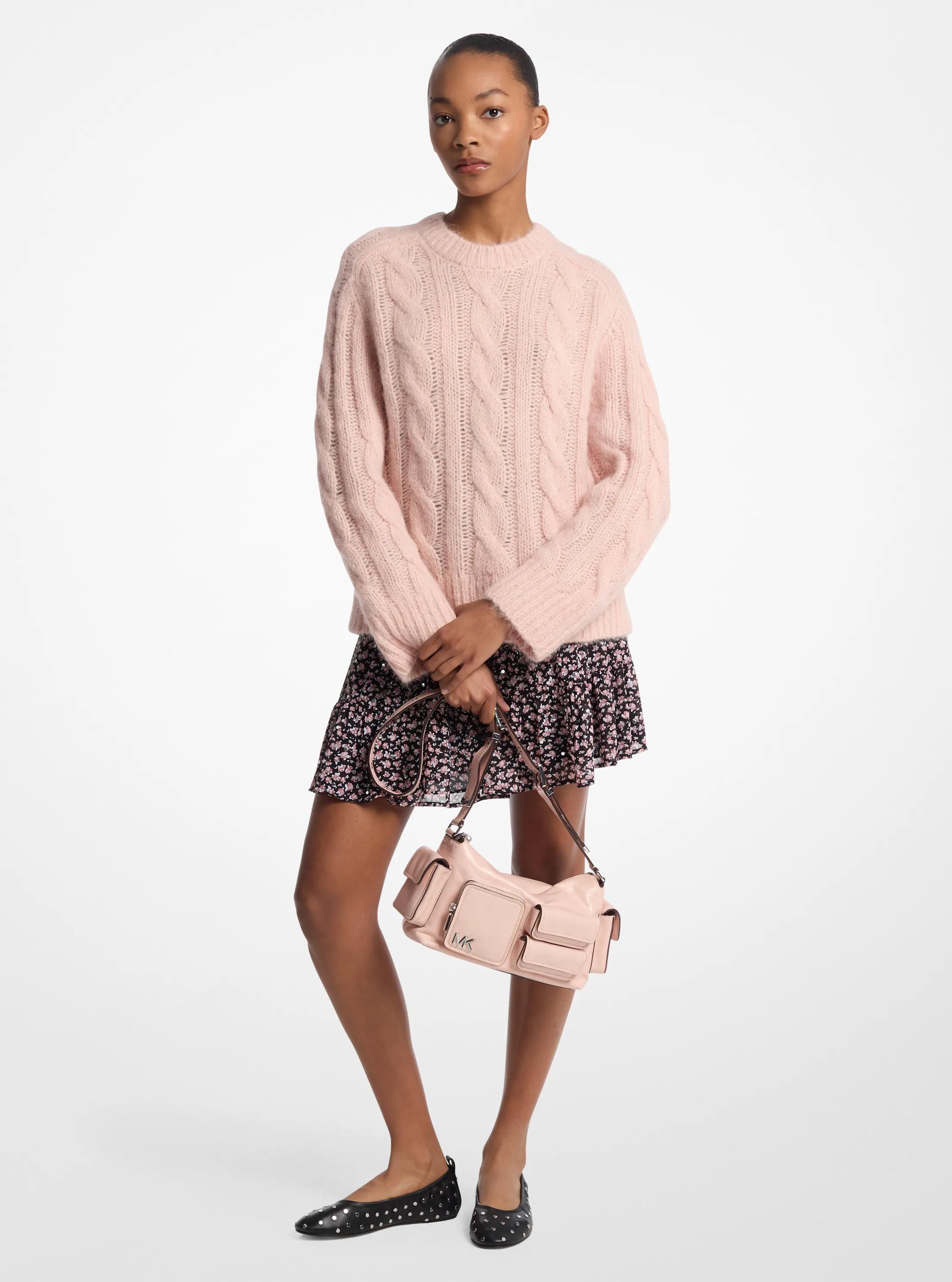 Gonna a balze in georgette con stampa floreale e borchie