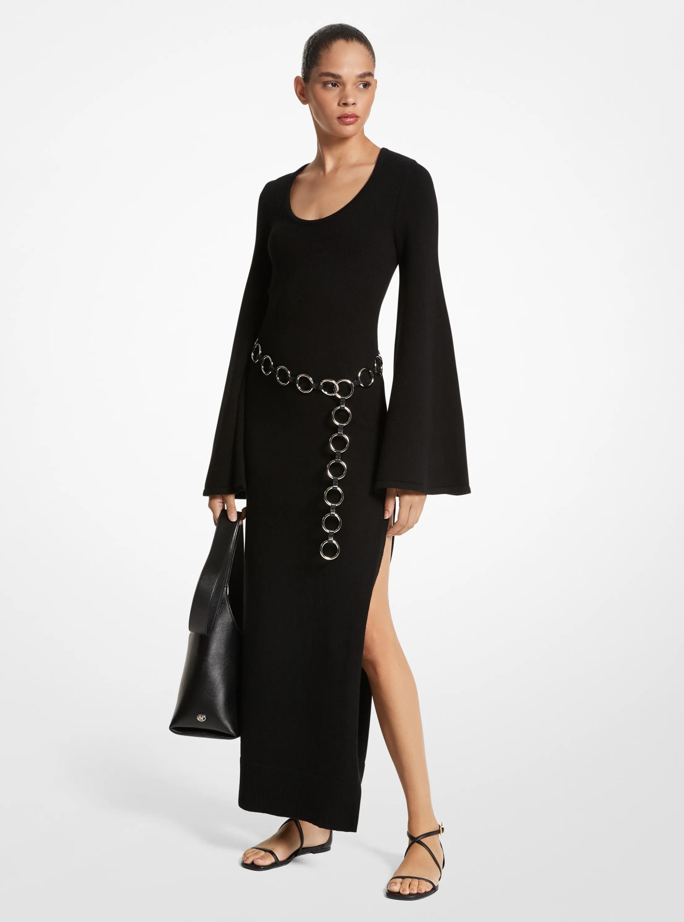 Stretch Cashmere Flare-Sleeve Dress in BLACK | Michael Kors