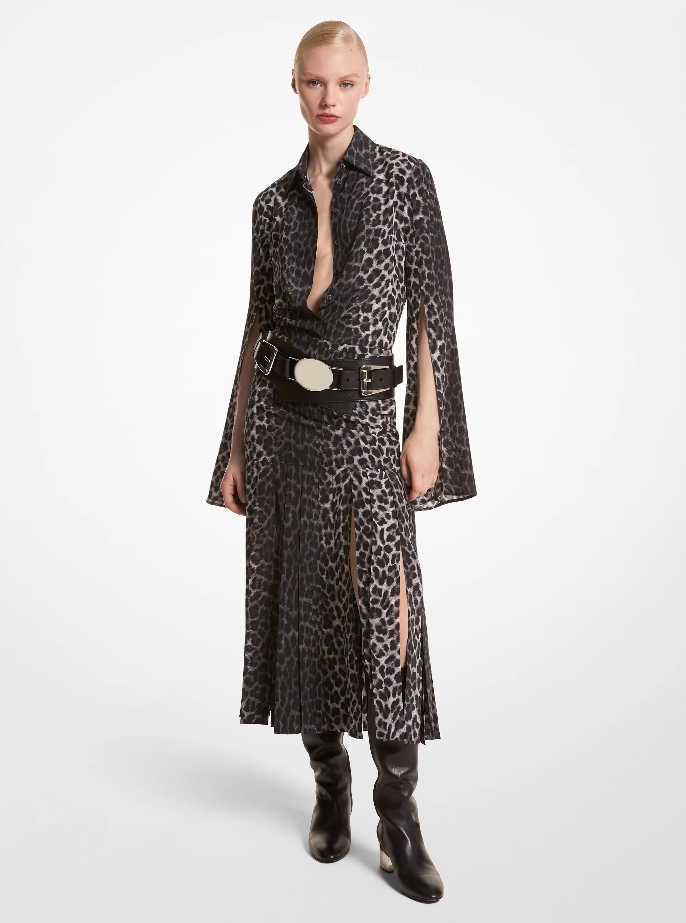 Leopard Silk Crepe De Chine Streamer Skirt in GRAPHITE MUL | Michael Kors