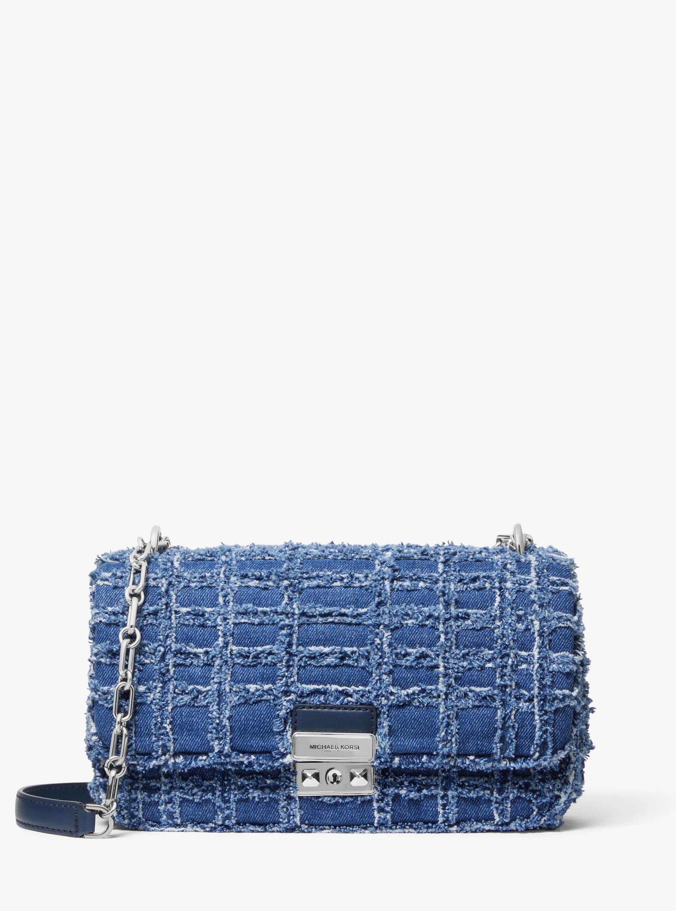 Tribeca Large Frayed Denim Shoulder Bag in DENIM | Michael Kors