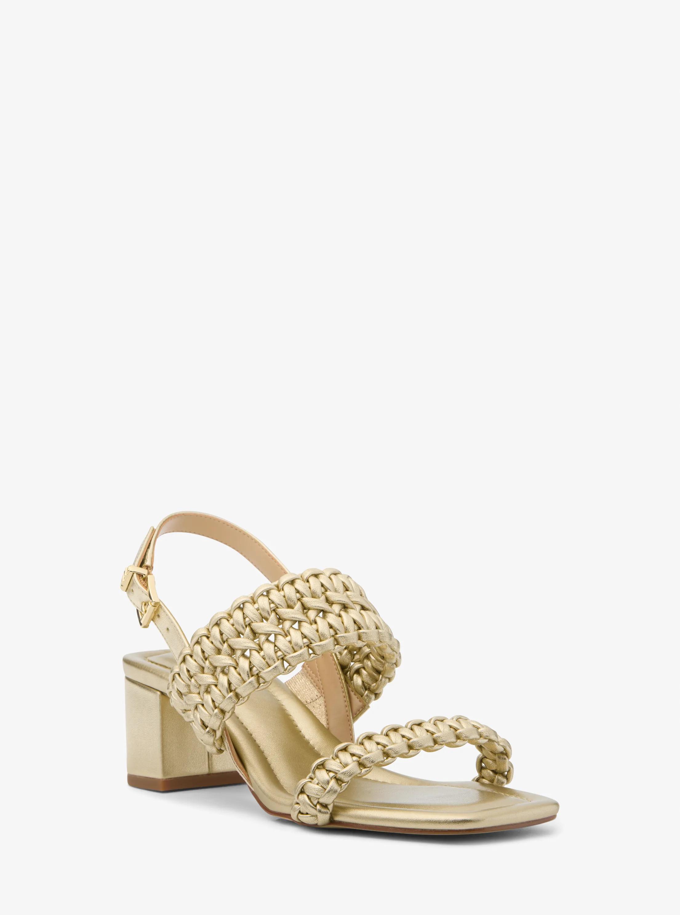 Audrina Metallic Woven Block Heel Sandal in PALE GOLD | Michael Kors