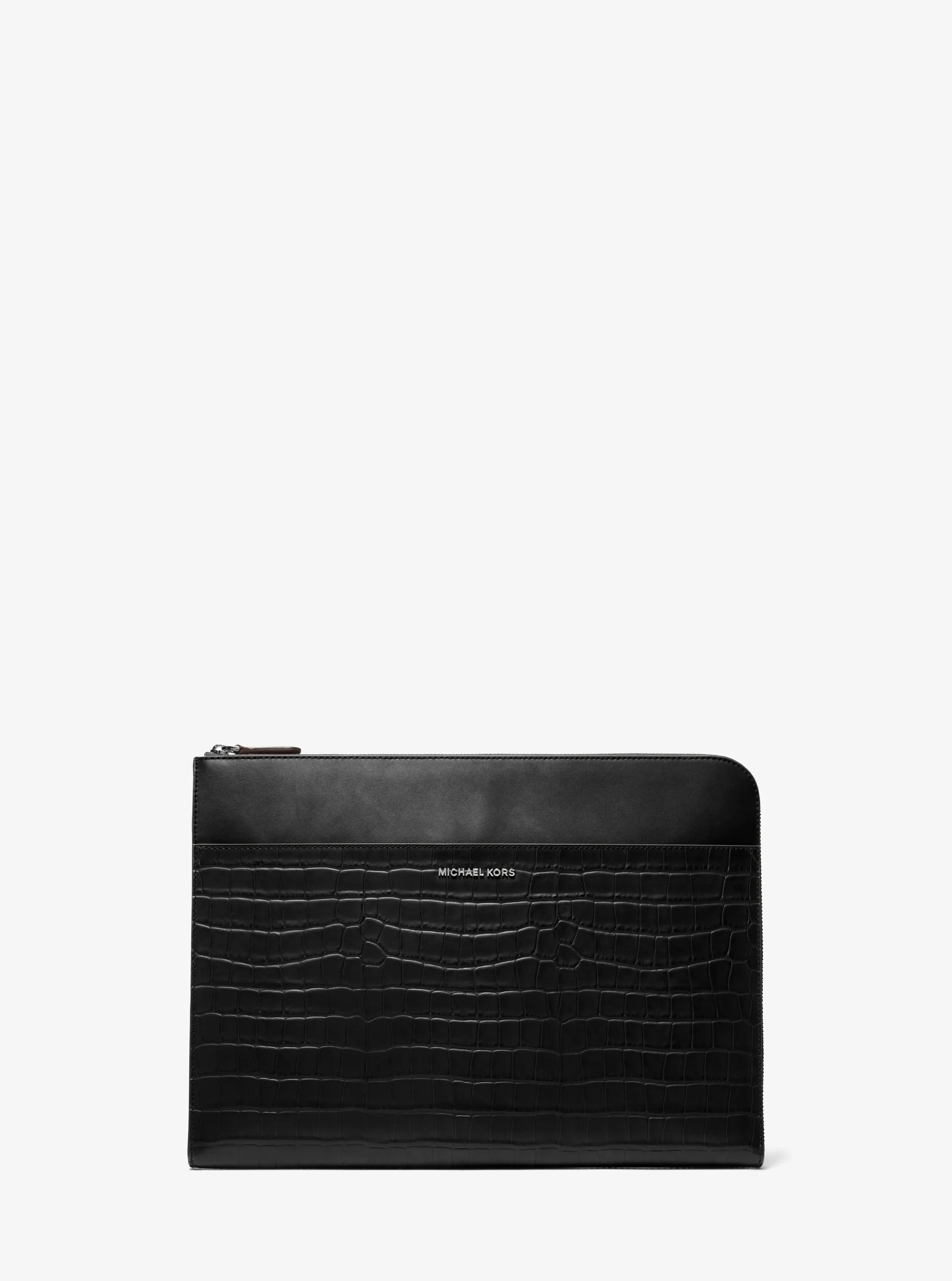 Hudson Crocodile Embossed Leather Laptop Case in BLACK | Michael Kors