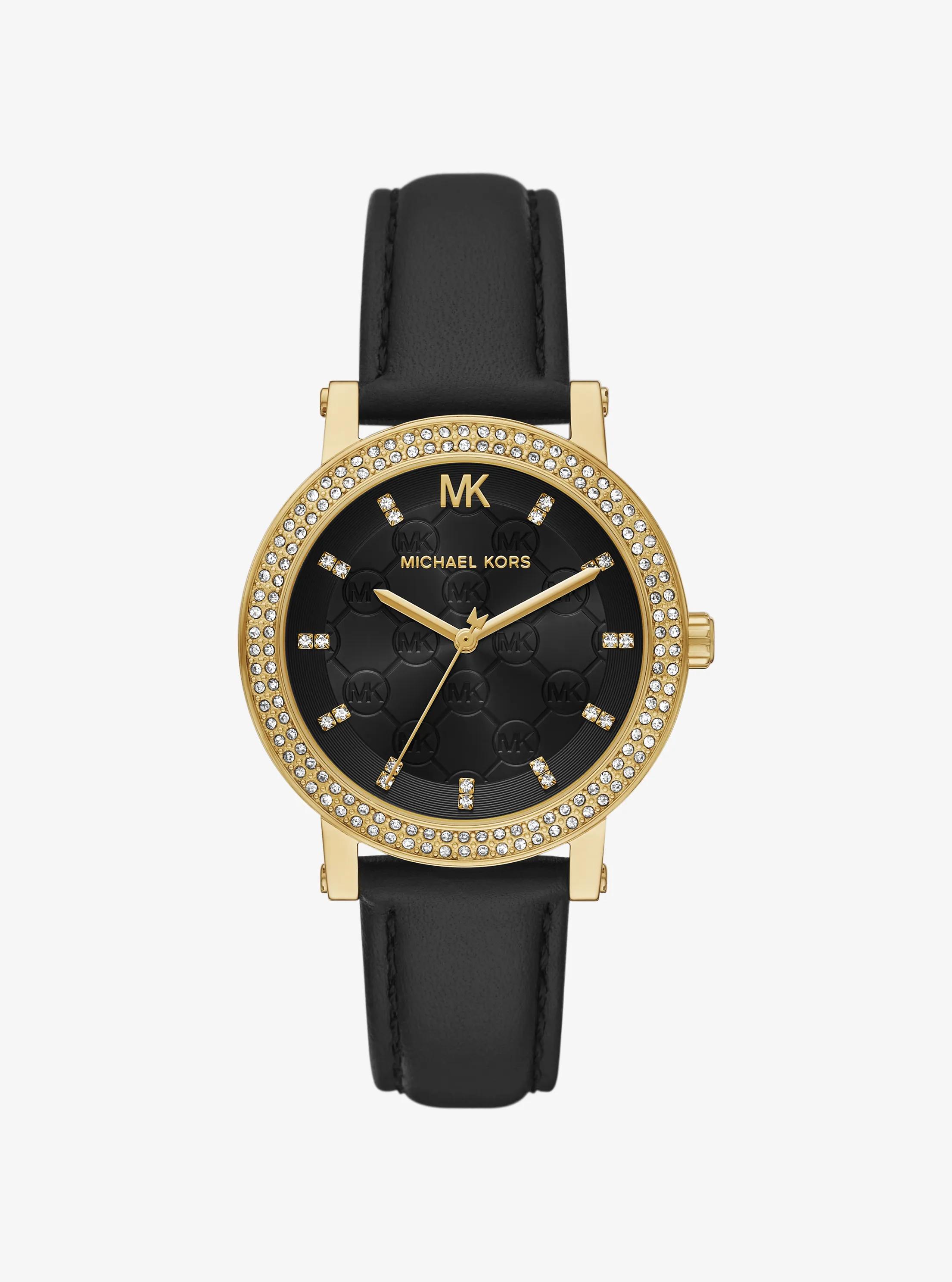 Reloj Corey en tono dorado con incrustaciones y correa de piel in NEGRO | Michael Kors