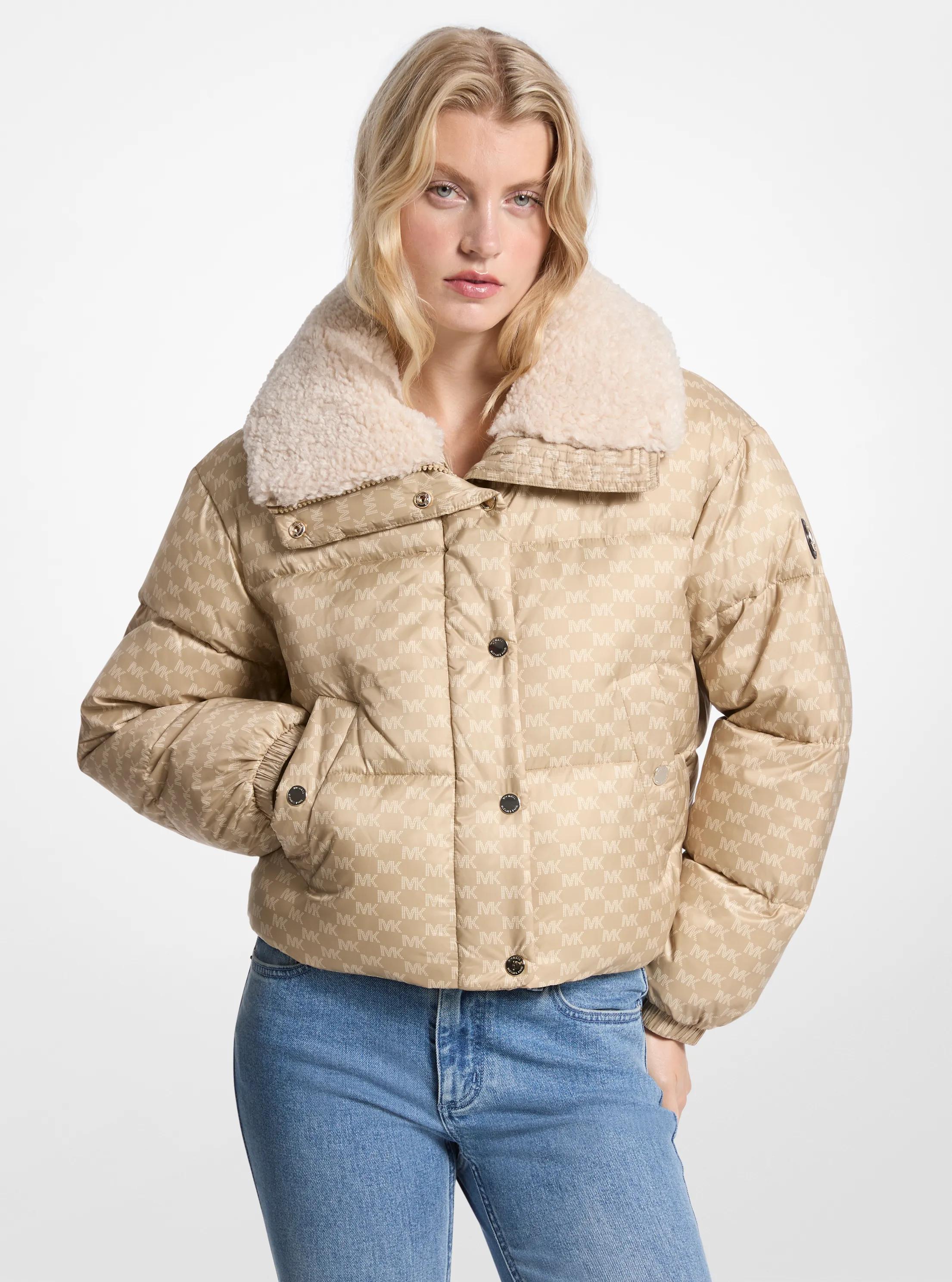 Logo Print and Sherpa Puffer Jacket in KHAKI | Michael Kors