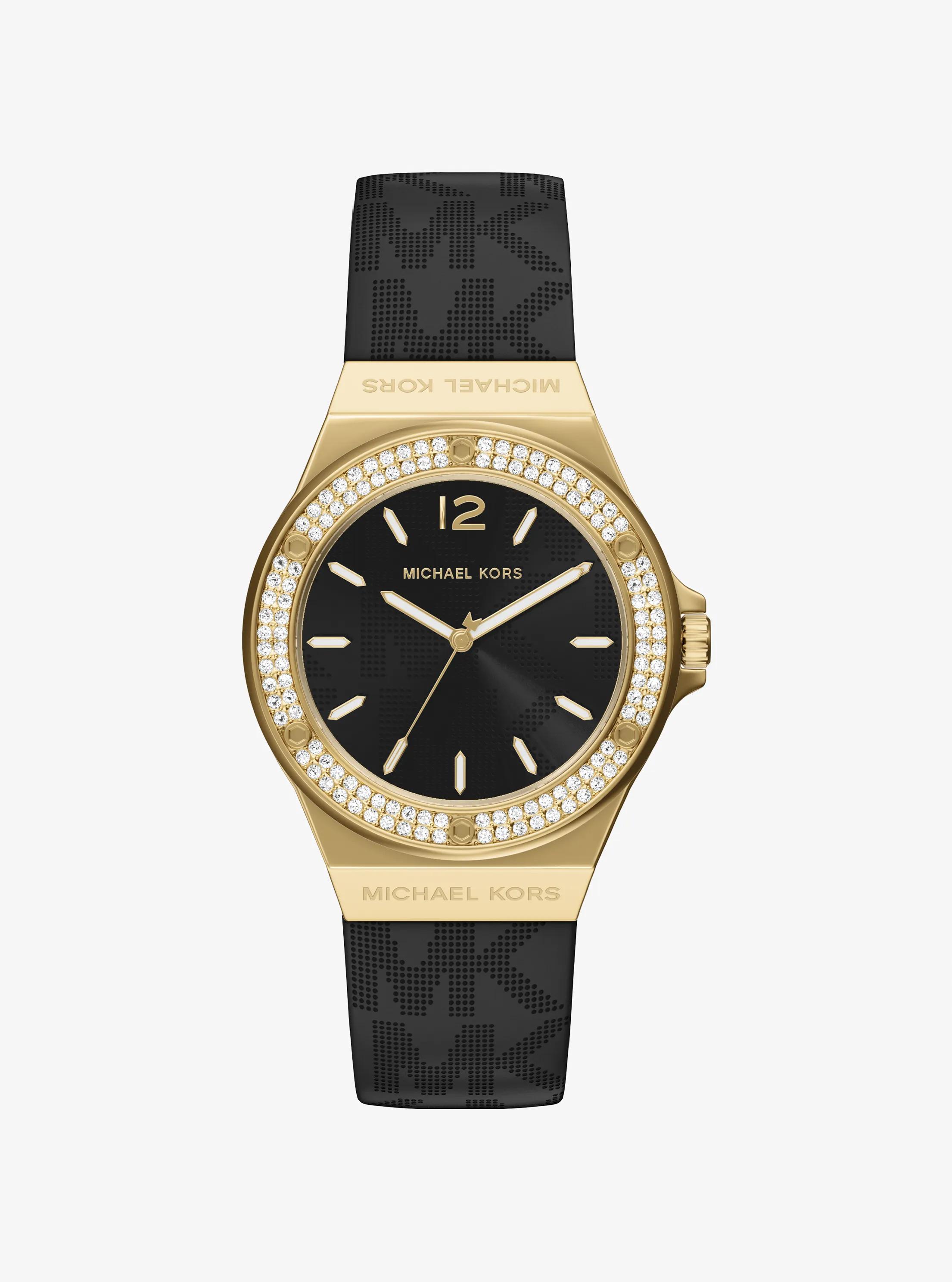 Lennox Pav&eacute; Gold-Tone and Logo Strap Watch in BLACK | Michael Kors
