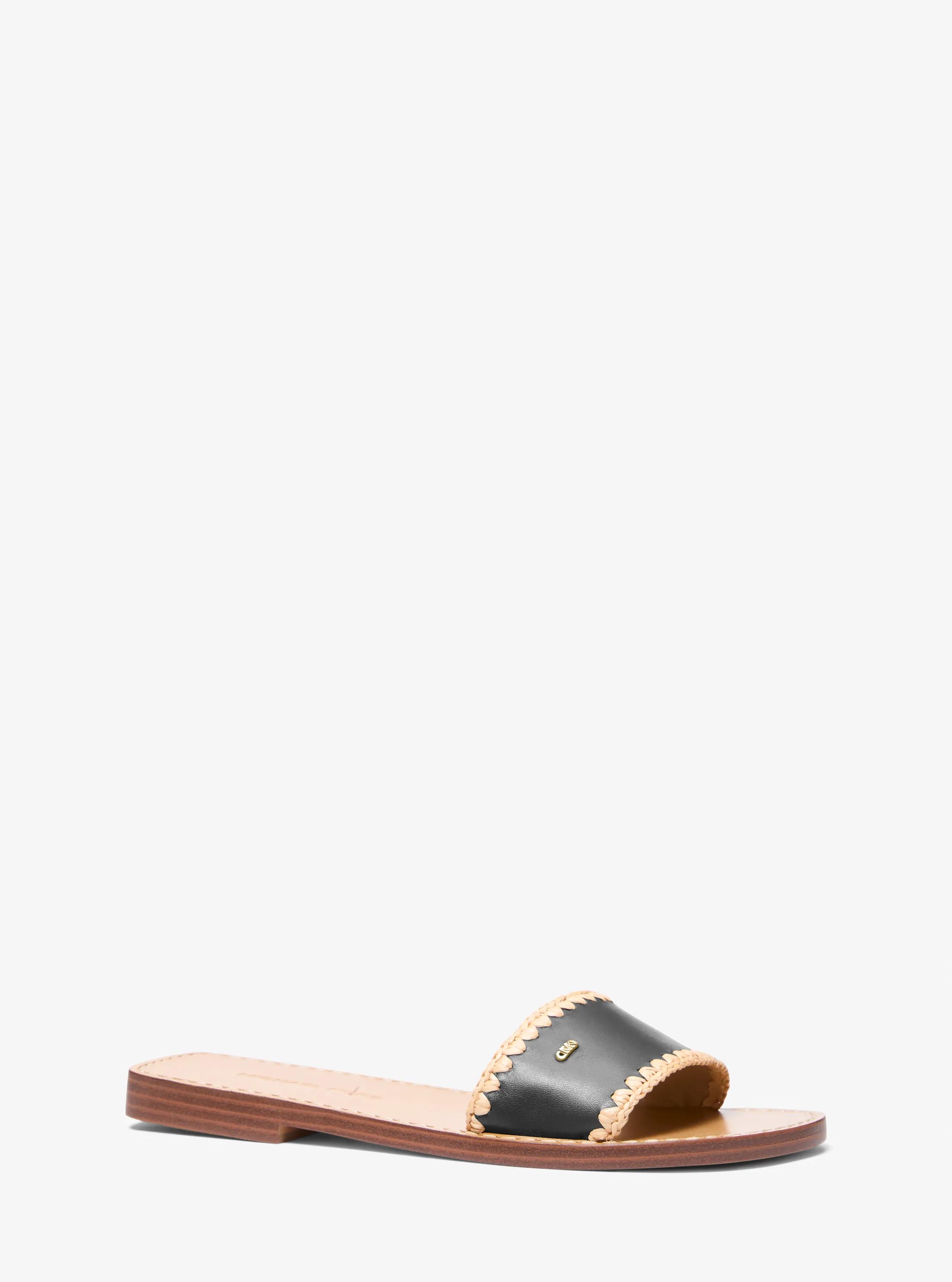 Drea Leather Slide Sandal in BLACK/NATURAL | Michael Kors
