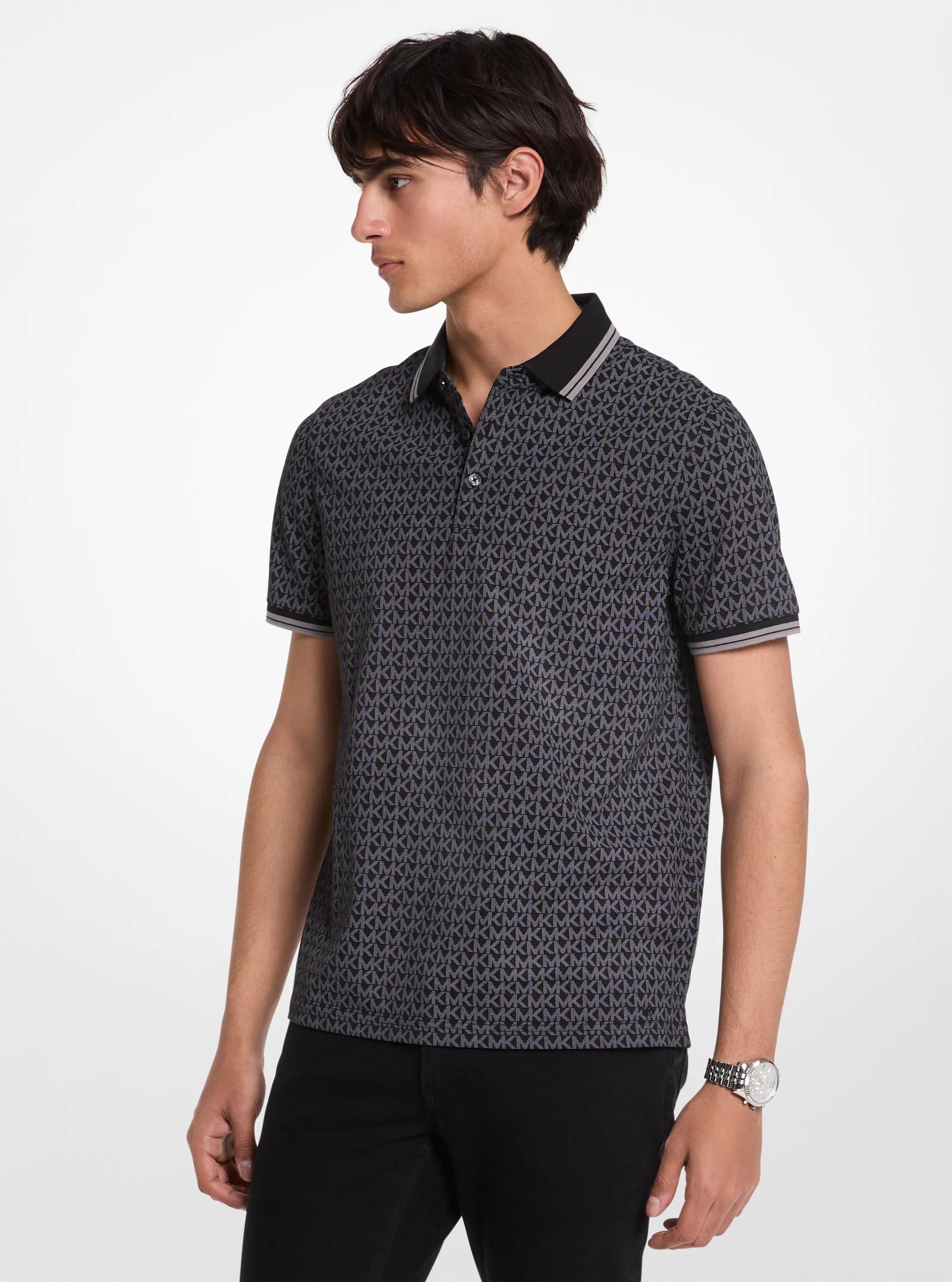 Greenwich Signature Logo Print Cotton Polo Shirt in BLACK | Michael Kors