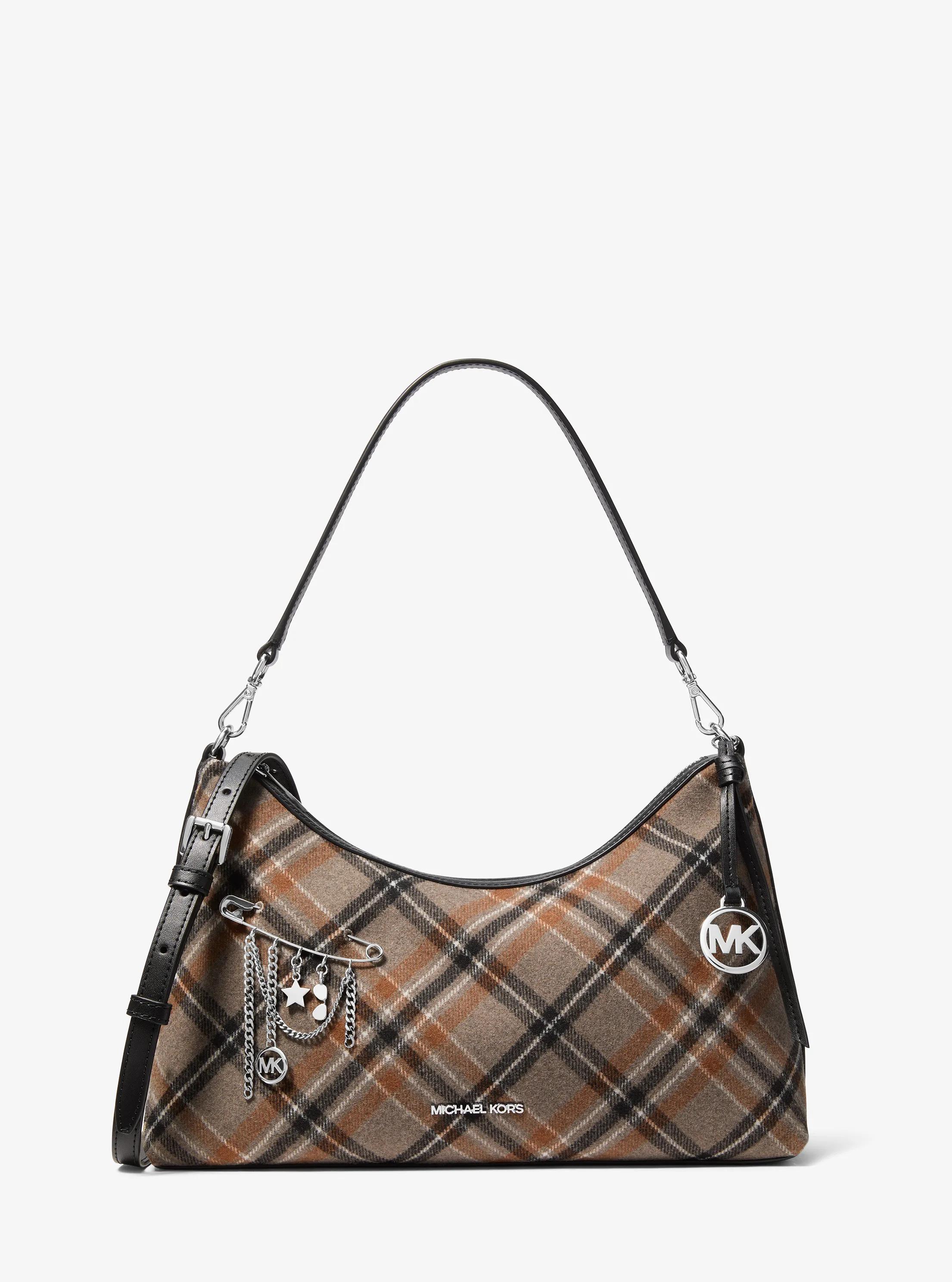 Sammy Medium Plaid Print Wool Blend Convertible Shoulder Bag in BLACK | Michael Kors