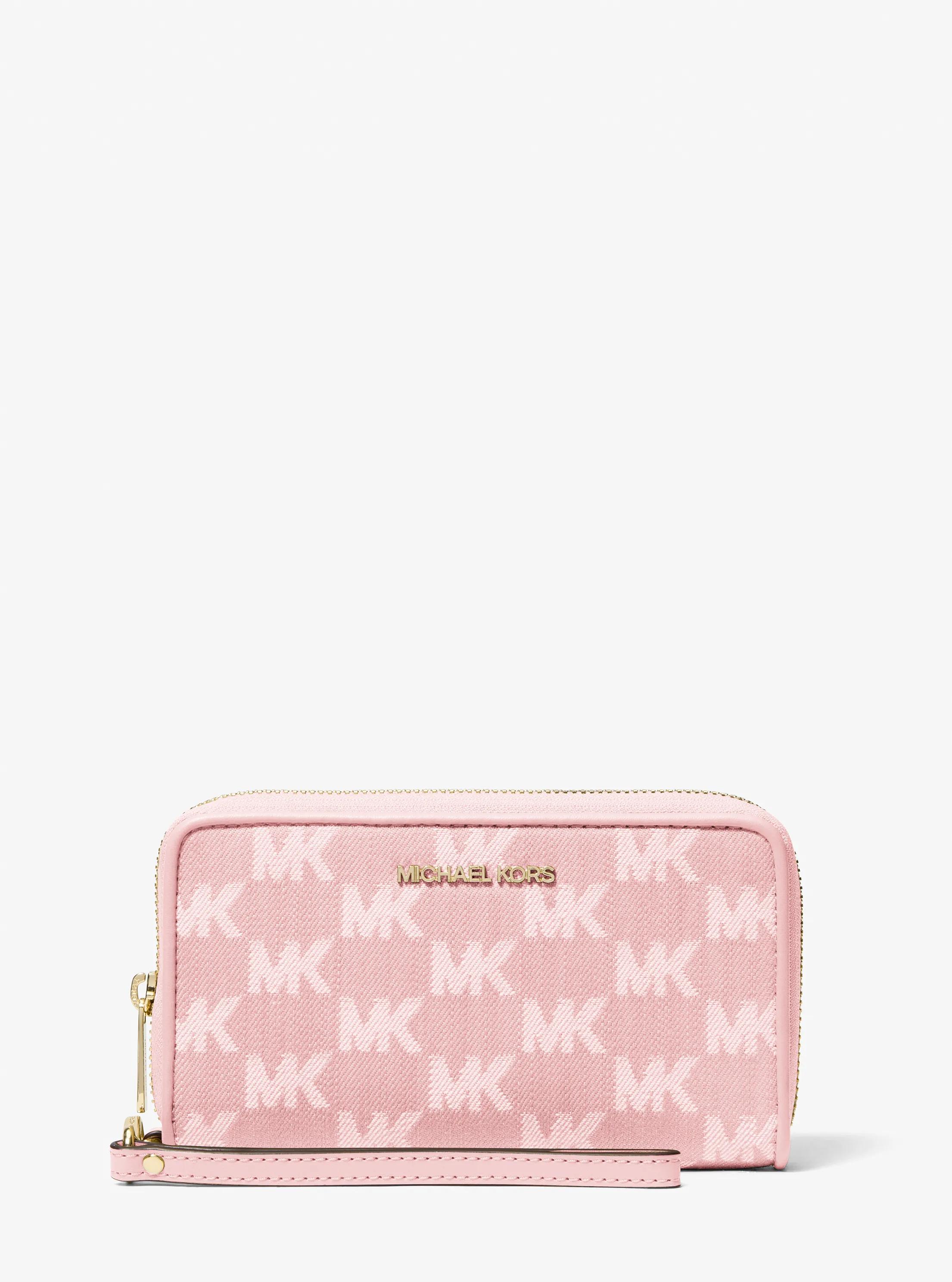 Michael Kors Outlet Jet Set Travel Large Logo Jacquard Denim Smartphone Wallet In Pink