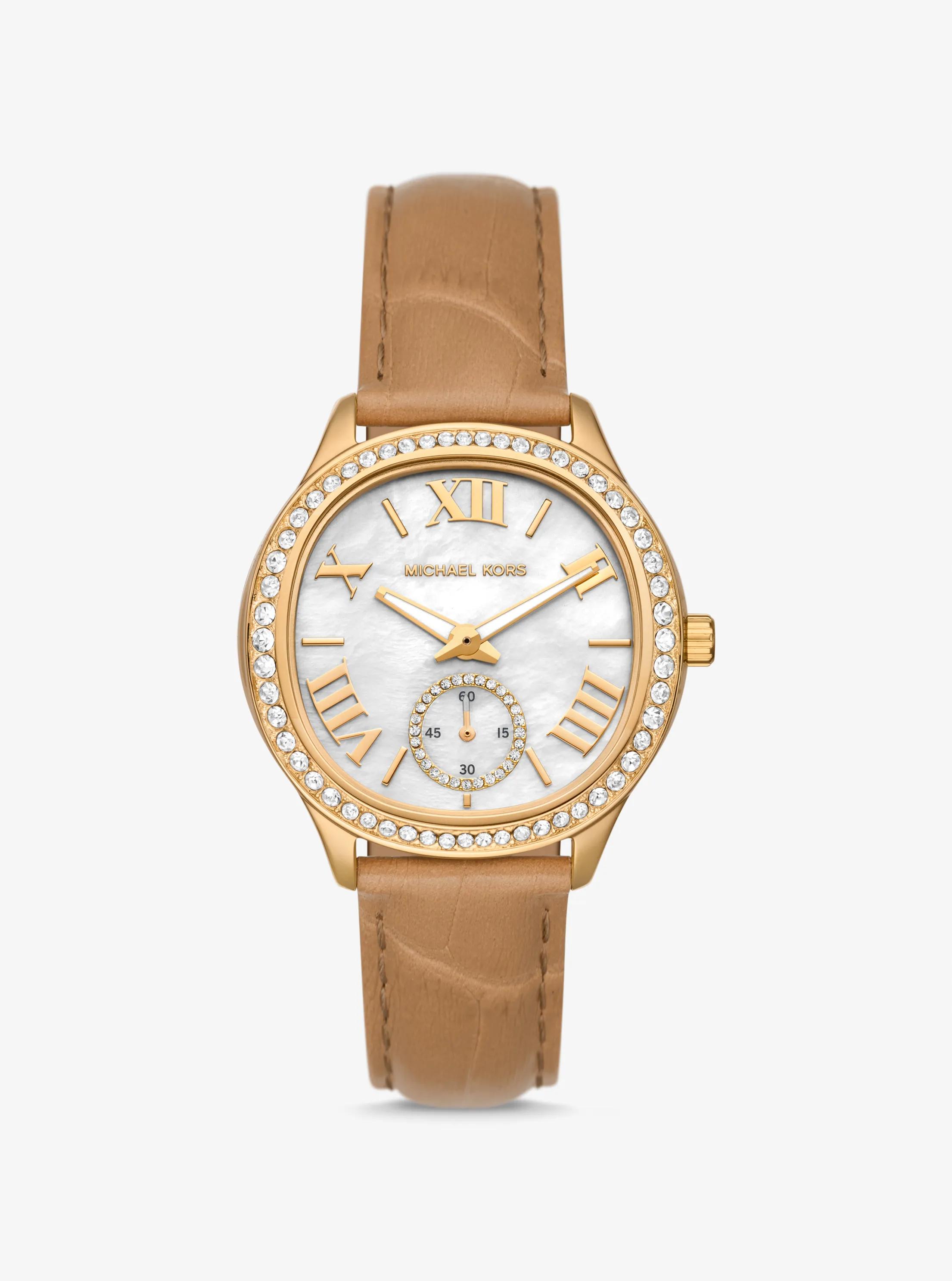 Sage Pav&eacute; Gold-Tone and Crocodile Embossed Leather Watch in PEANUT | Michael Kors
