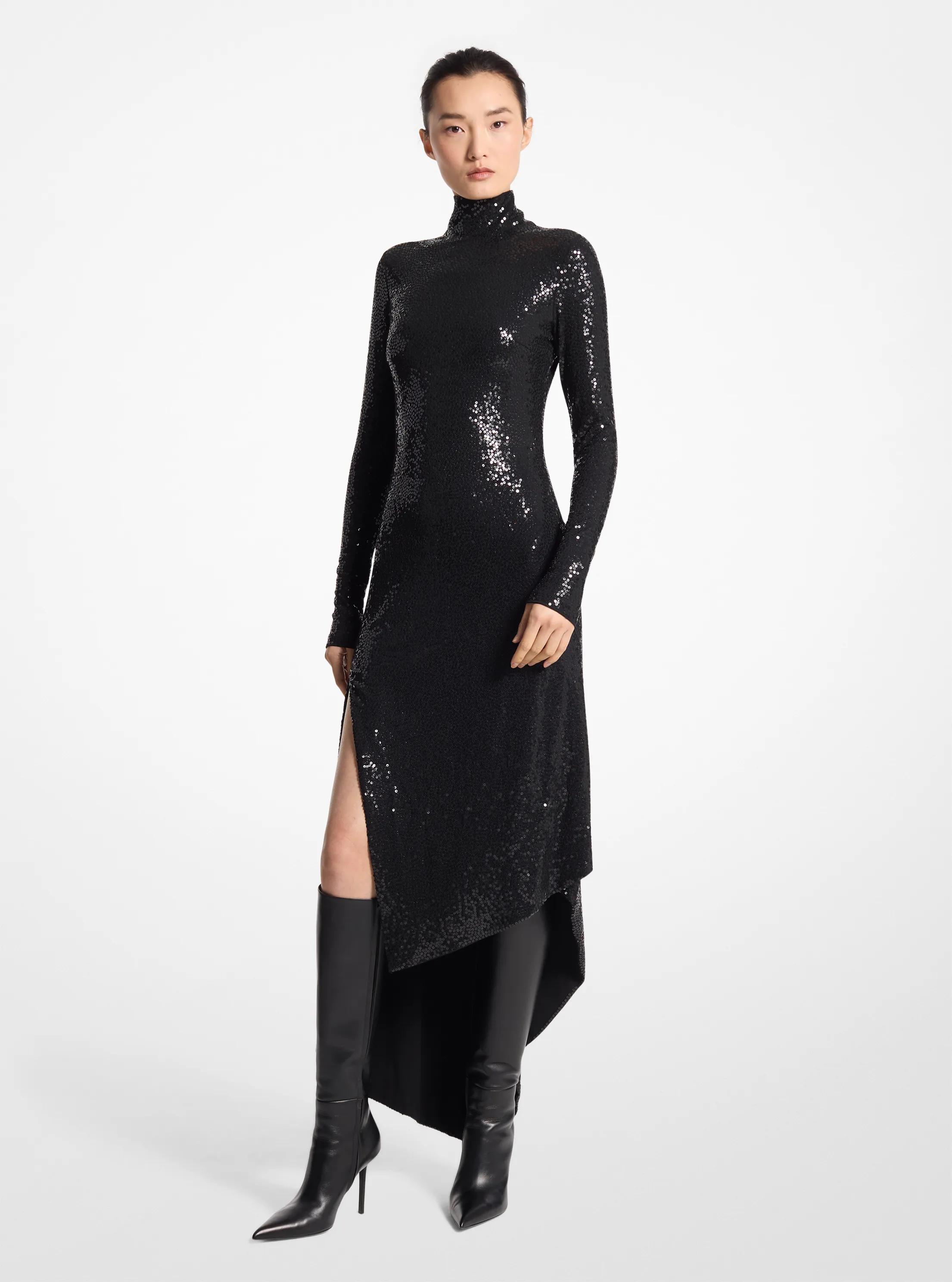 Vestido de punto liso mate el&aacute;stico con lentejuelas y cuello vuelto in NEGRO | Michael Kors