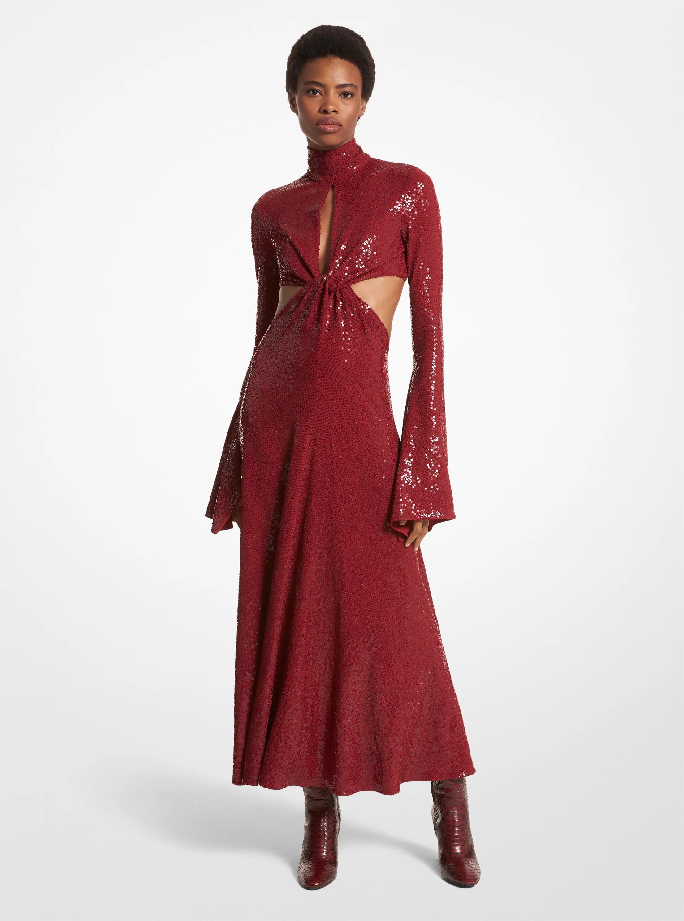 Hand-Embroidered Sequin Stretch Jersey Keyhole Dress in MERLOT | Michael Kors