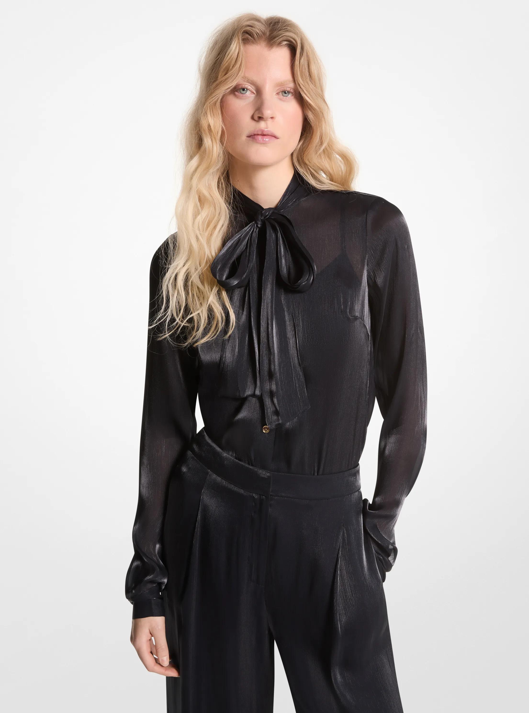 MK Metallic blouse van gekreukelde crêpe georgette met strik in de hals - Zwart - Michael Kors