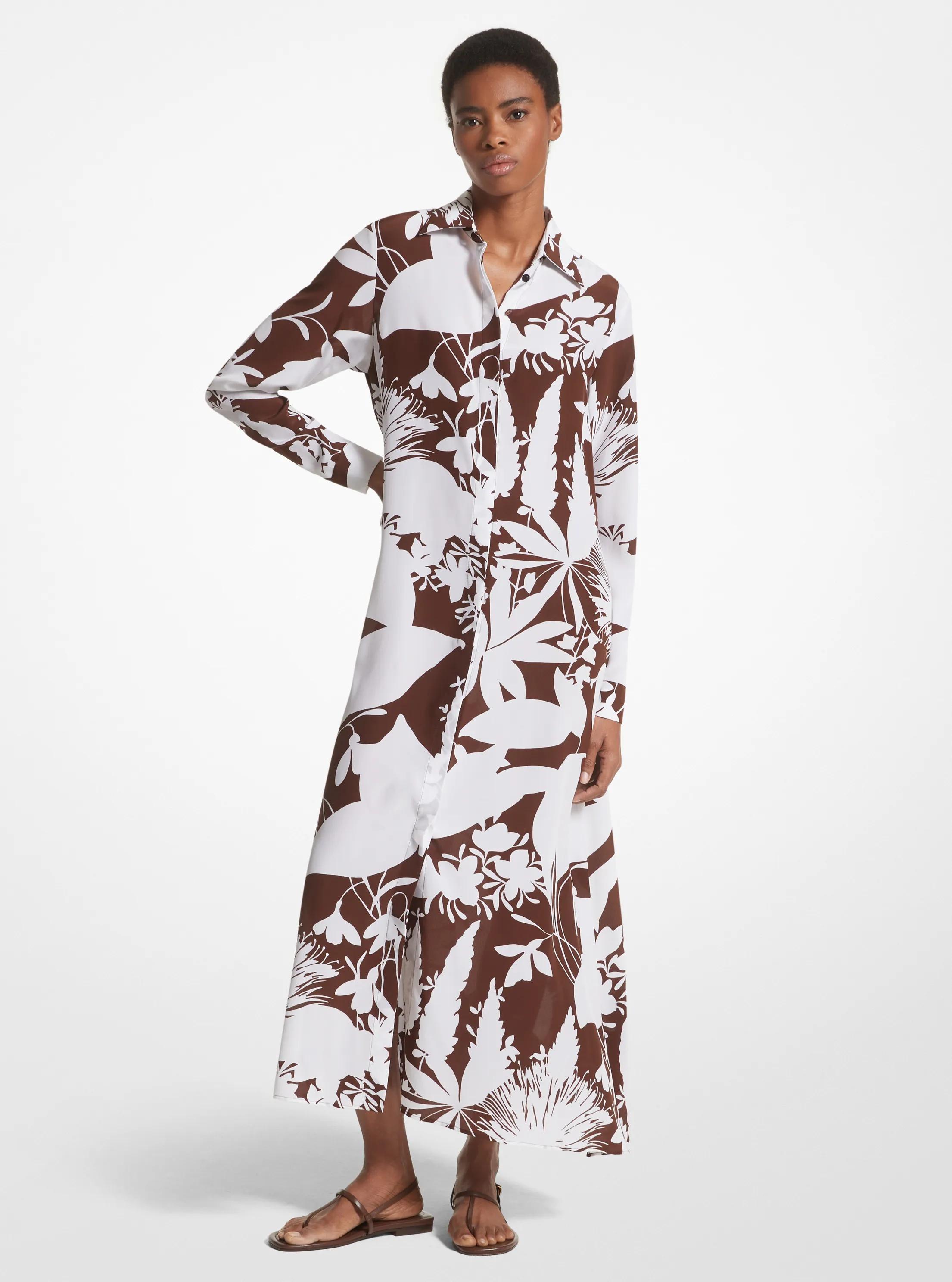 Shadow Floral Silk Crepe De Chine Shirtdress in NUTMEG/OPTIC WHITE | Michael Kors