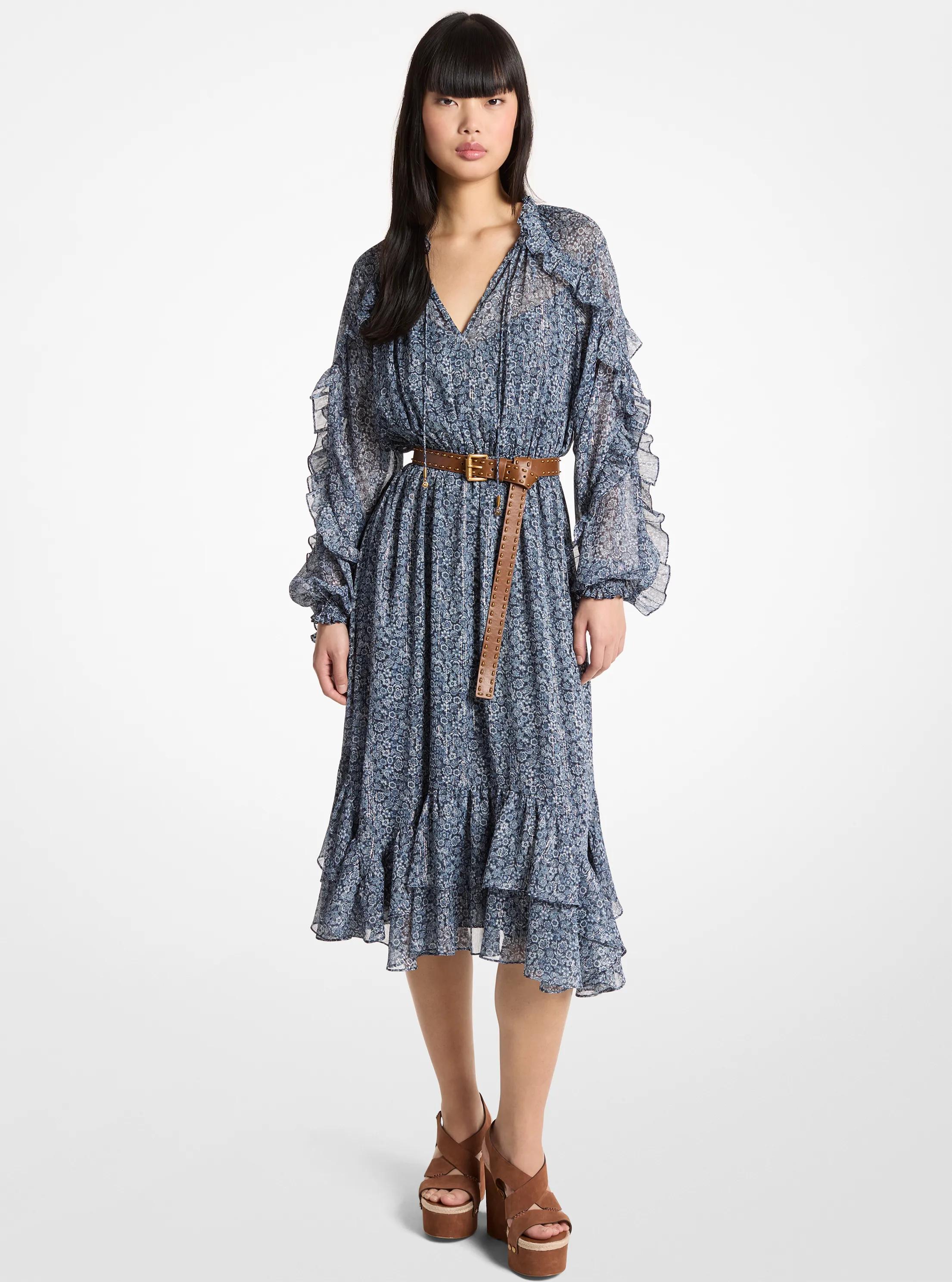 MK Midi-jurk van crêpe georgette met metallic bloemenprint, ruches en riem - Blauw - Michael Kors