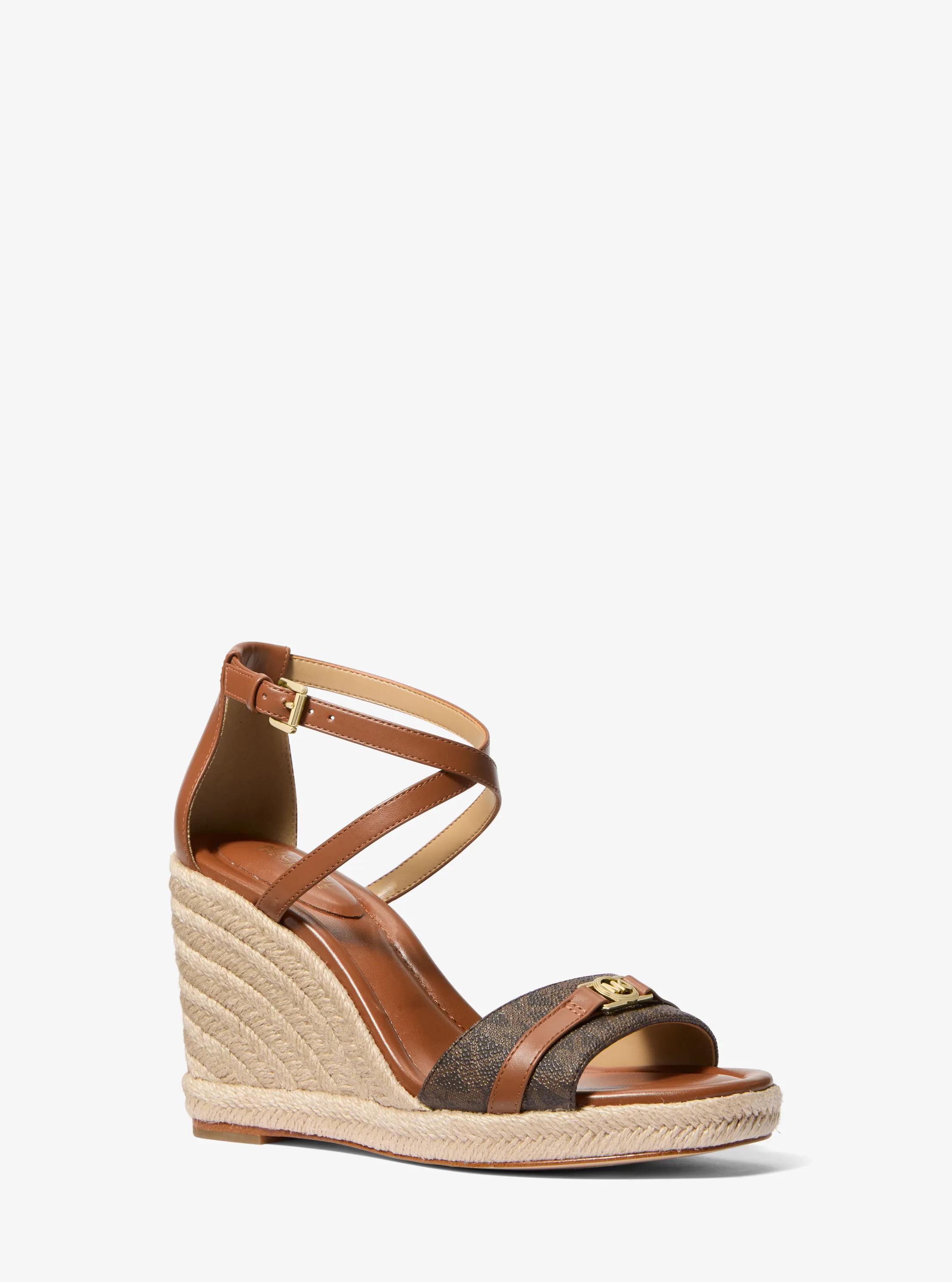 Mandy Signature Logo and Leather Wedge Sandal in BROWN/LUGGAGE | Michael Kors