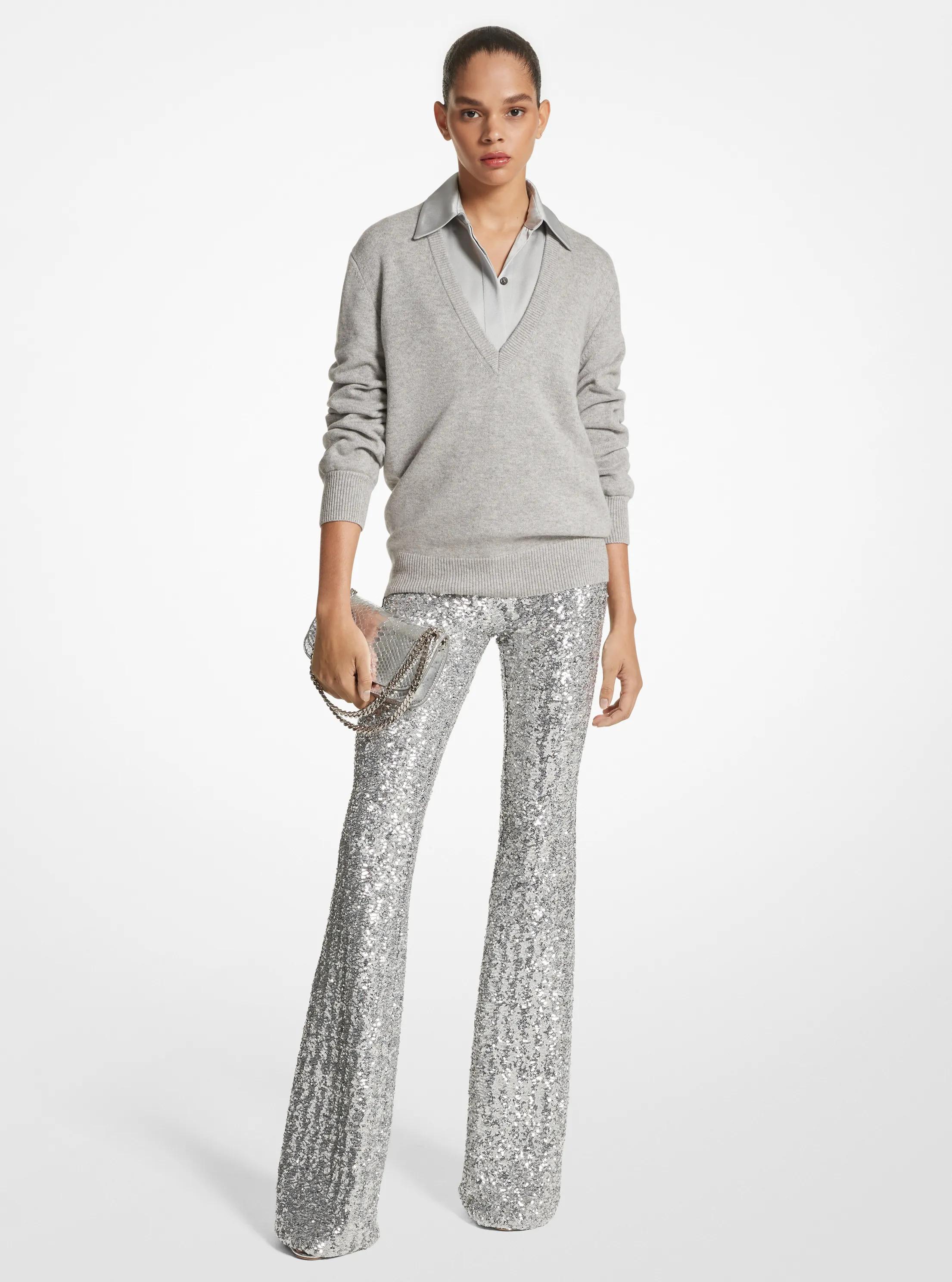 Sequined Stretch Tulle Flared Pants in SILVER | Michael Kors